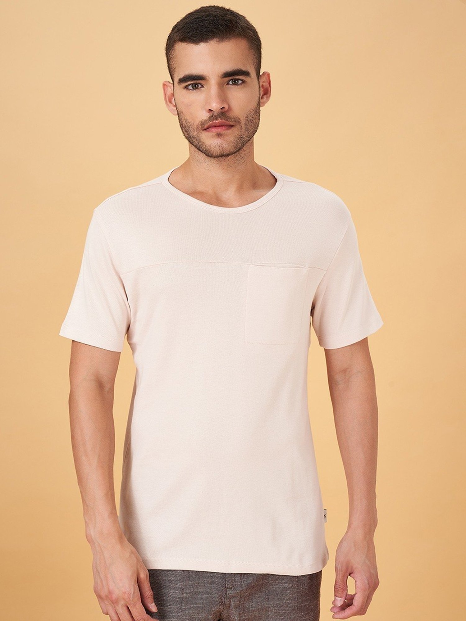 7 Alt by Pantaloons Beige Cotton Slim Fit T-Shirt