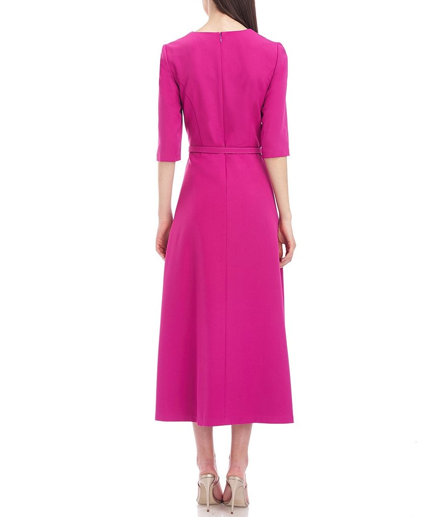 Kay Unger Isla Short Elbow Sleeve V-Neck Belted Stretch Crepe Dress