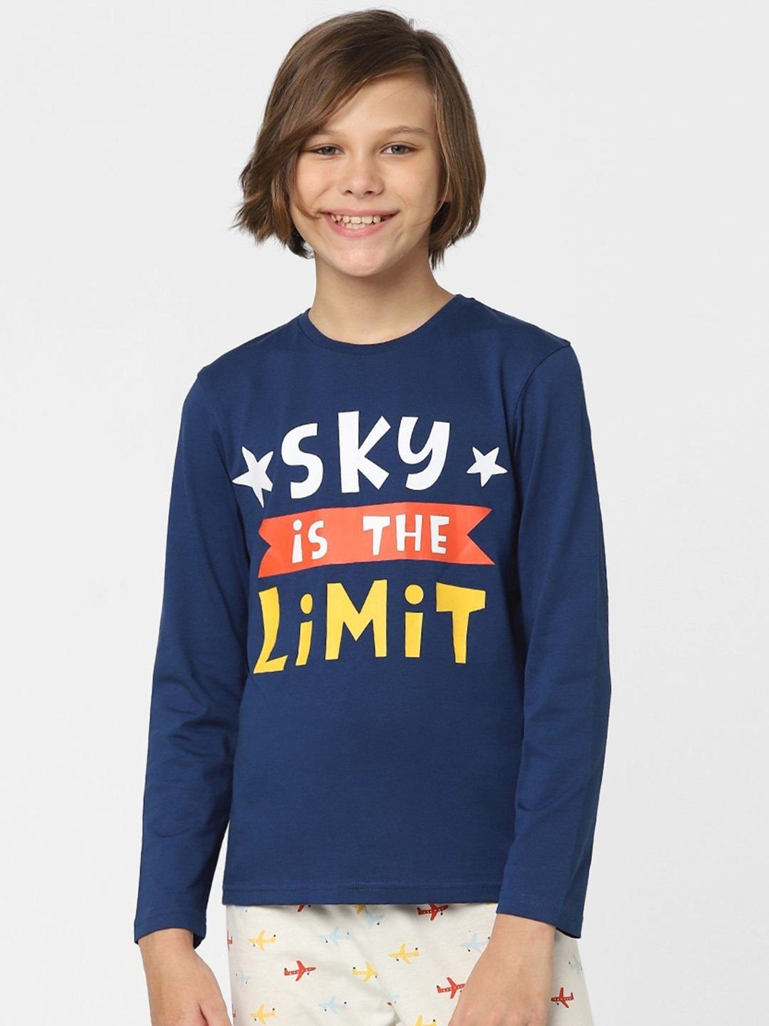 Jack & Jones Junior Navy & White Cotton Graphic Full Sleeves T-Shirt Set