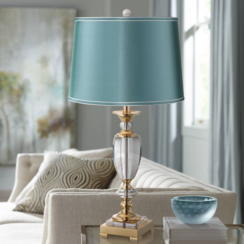 Vienna Full Spectrum European Style Table Lamp Brass Faceted Clear Crystal Urn Teal Hardback Shade for Living Room Bedroom Bedside