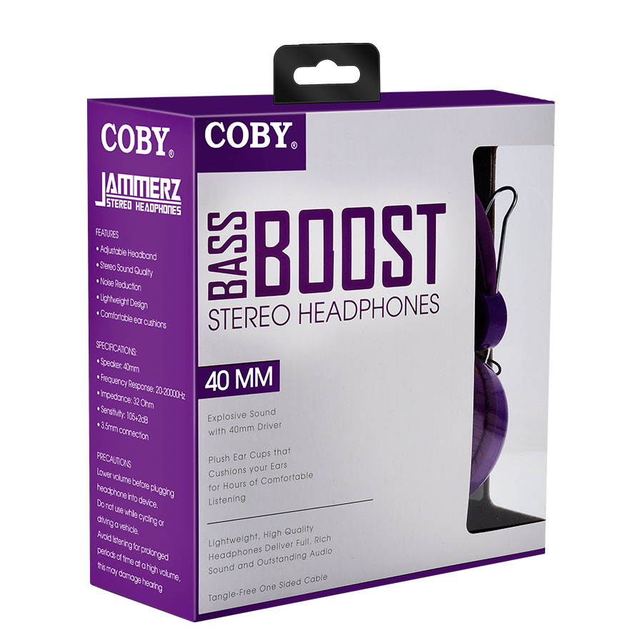 Coby Bass Boost Stereo Over Ear Headphones with Built-In Mic -Purple
