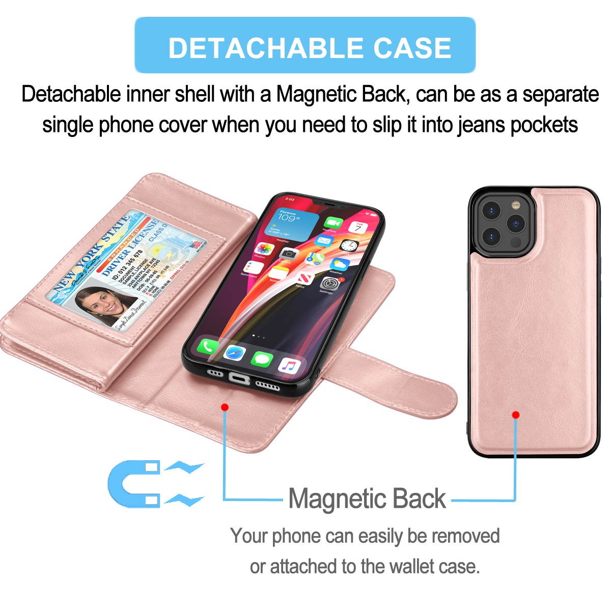 iPhone 12 Case, 6.1" Apple iPhone 12 Pro Wallet Case, Tekcoo PU Leather Case Cash ID Credit Card Slots Holder Carrying Flip Phone Case Cover Kickstand Detachable Magnetic Hard Cases & Strap,Rose Gold