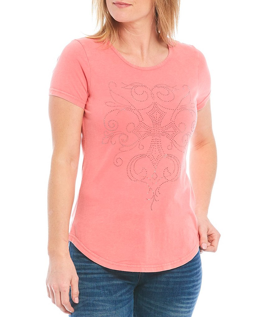 Reba Ariel Short Sleeve Jewel Neck Embellished Tee