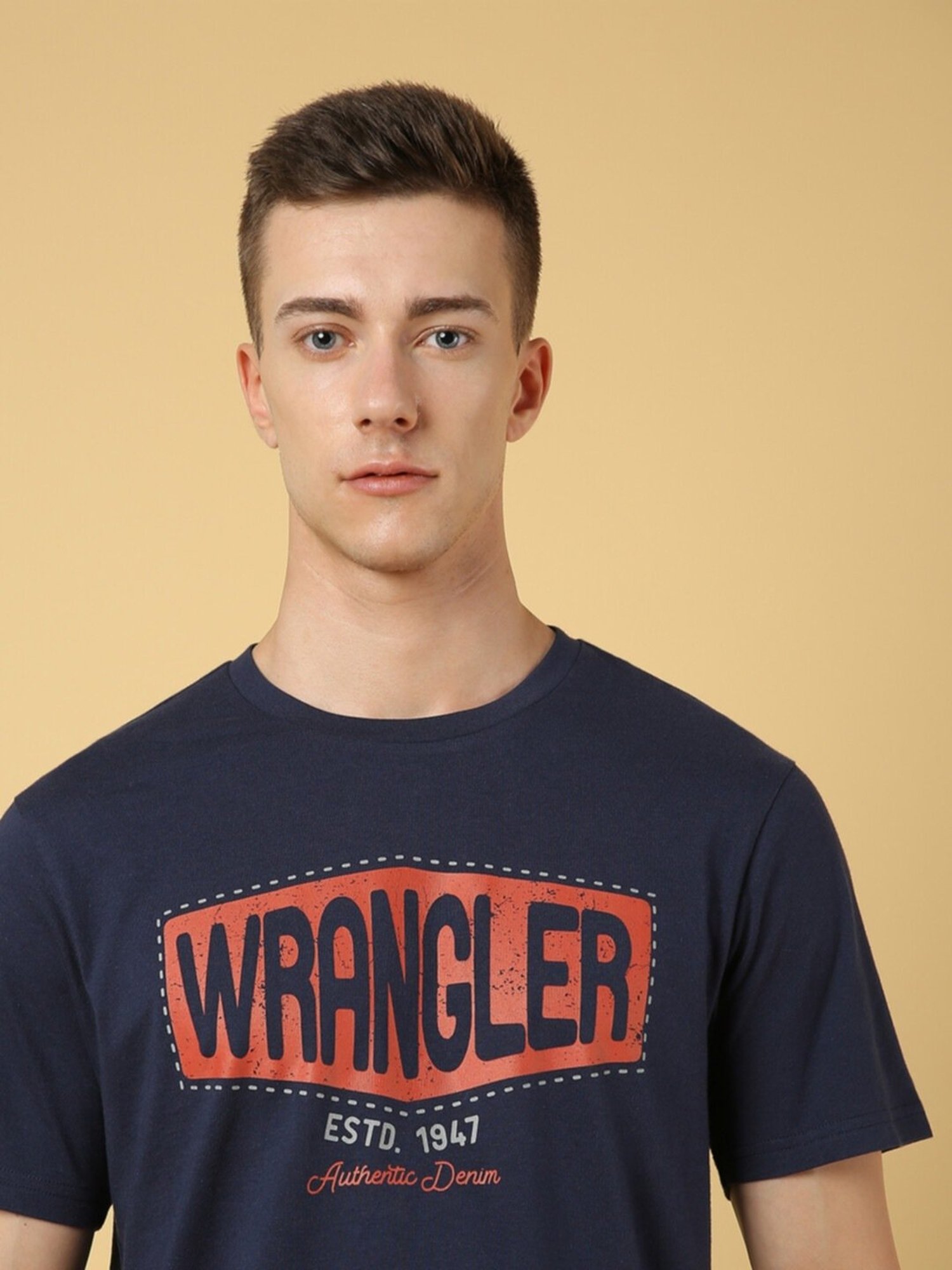 Wrangler Blue Cotton Regular Fit Printed T-Shirt