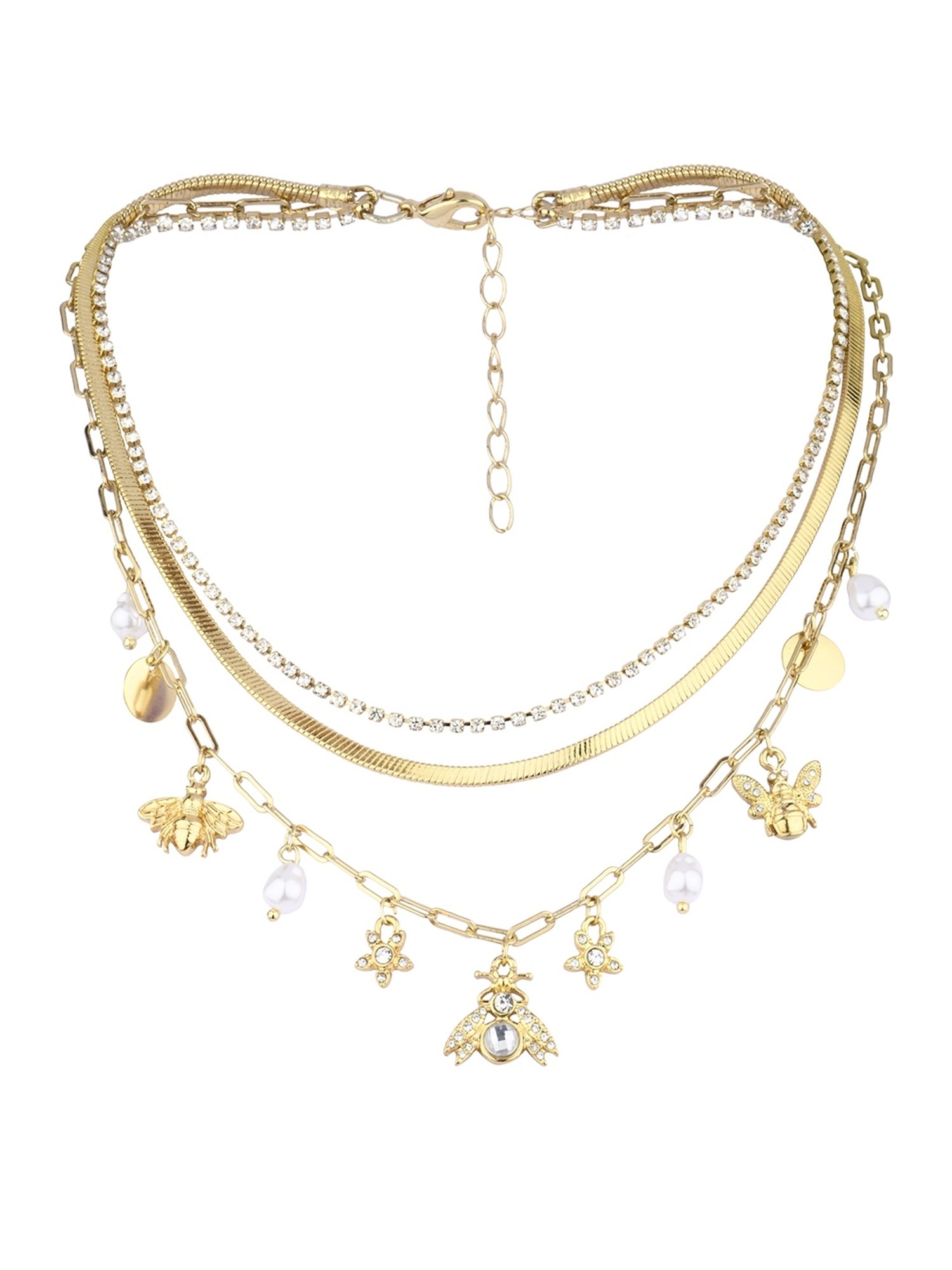 Lilly & Sparkle Gold Toned Three-Layered Necklace with Cup Chain, Pearl, and Insects Charms