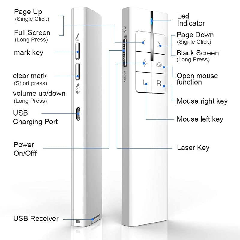 N99 Wireless Presenter Mouse Pointer, 2.4GHz Presentation Clicker Rechargeable PPT PowerPoint Clicker for Powerpoint Presentation Remote Slide Advancer, Support Hyperlink/Volume/Pause/Mac