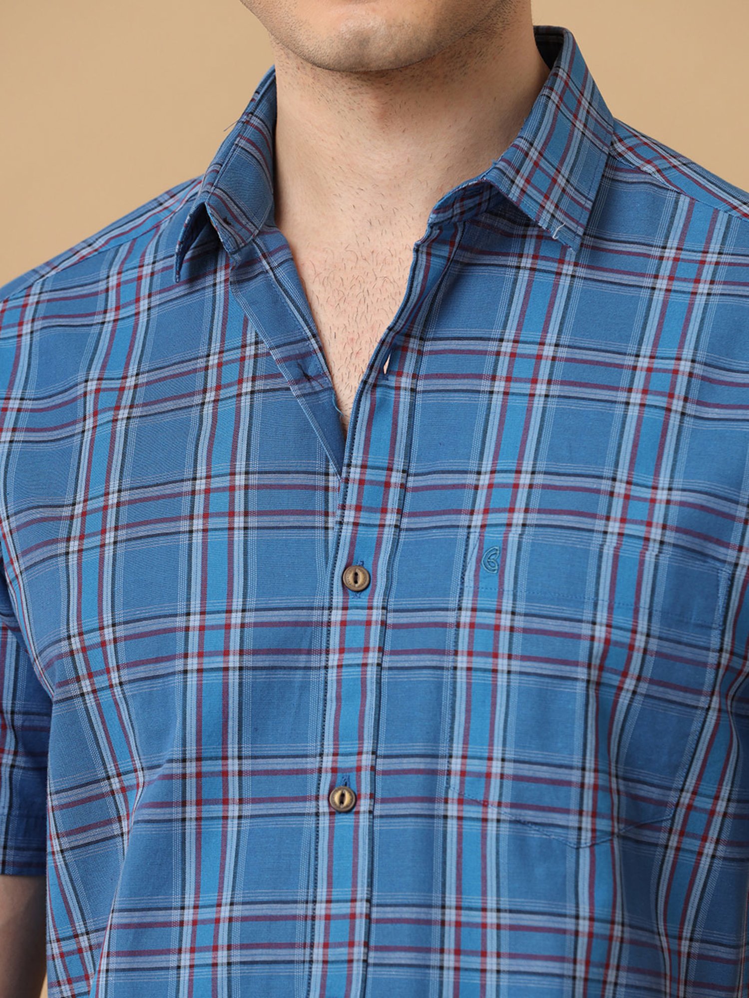 CAVALLO by Linen Club Blue Contemporary Fit Check Shirt