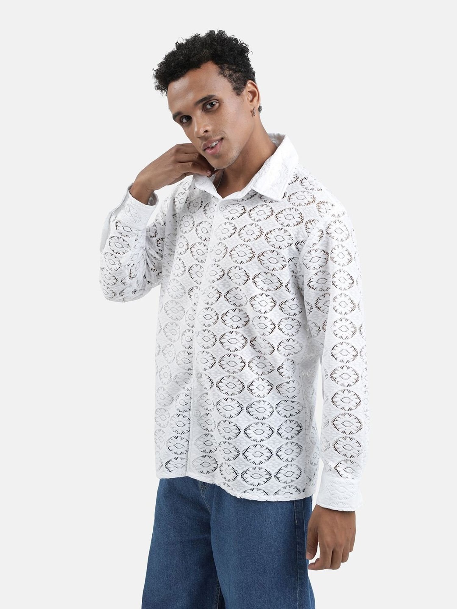 Bene Kleed White Regular Fit Self Pattern Shirt