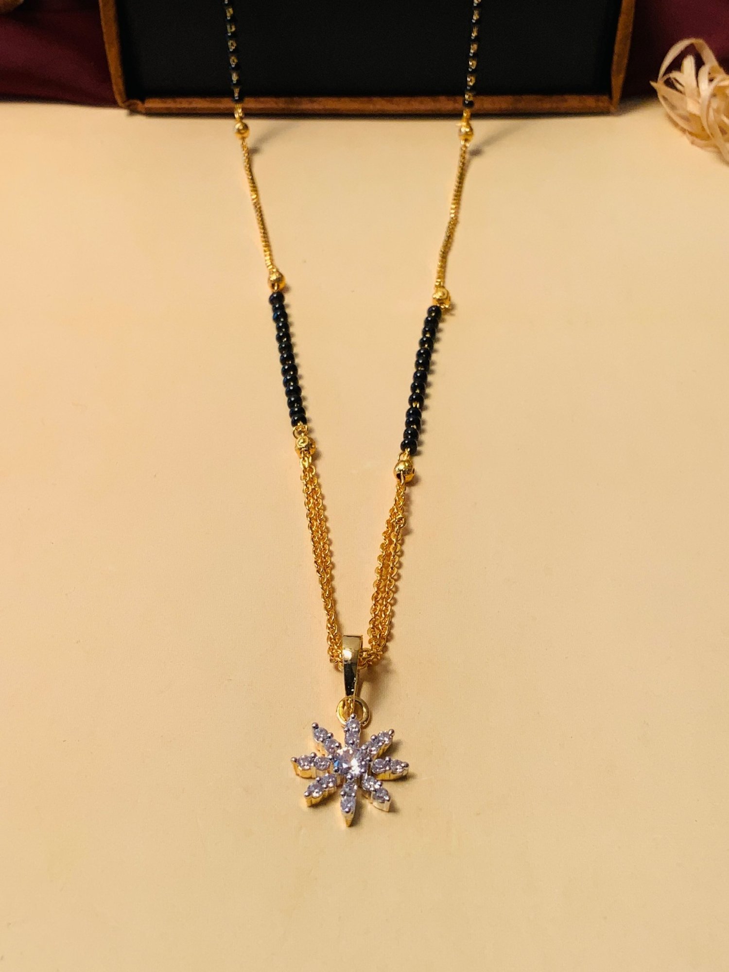 Abdesigns Gold-Plated American Diamond & Black Beaded Mangalsutra