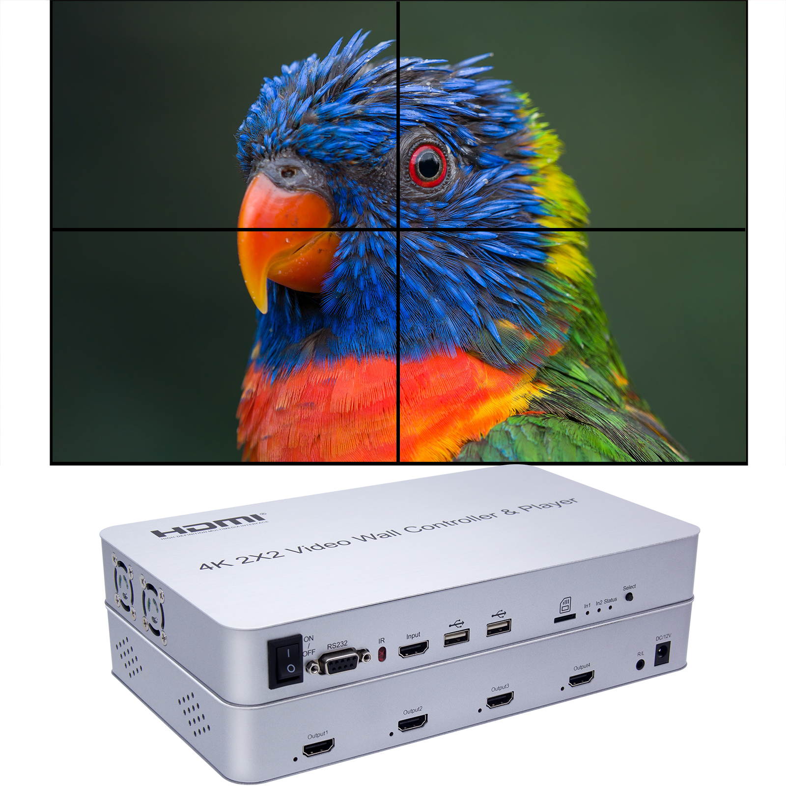 Video Wall Controller & Player 2x2 4K 3840x2160@30Hz Processor HDMI 1.4 HDCP 1.4 Support 2x2,1x2,1x4 Modes with 1 HDMI Input 4 HDMI Output
