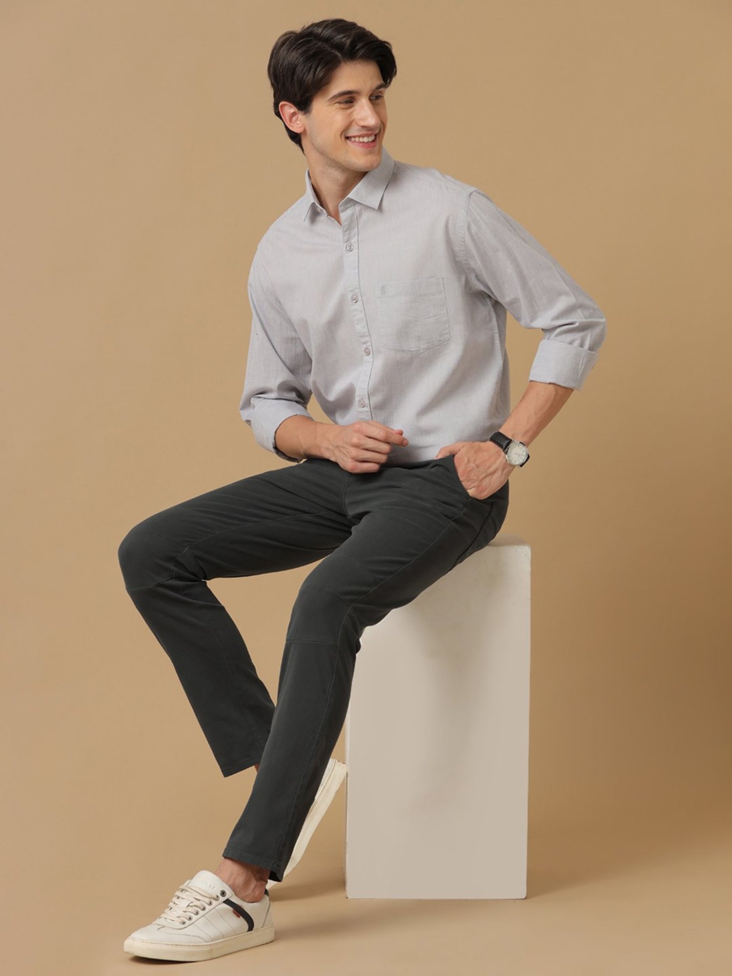 CAVALLO by Linen Club Grey Contemporary Fit Shirt