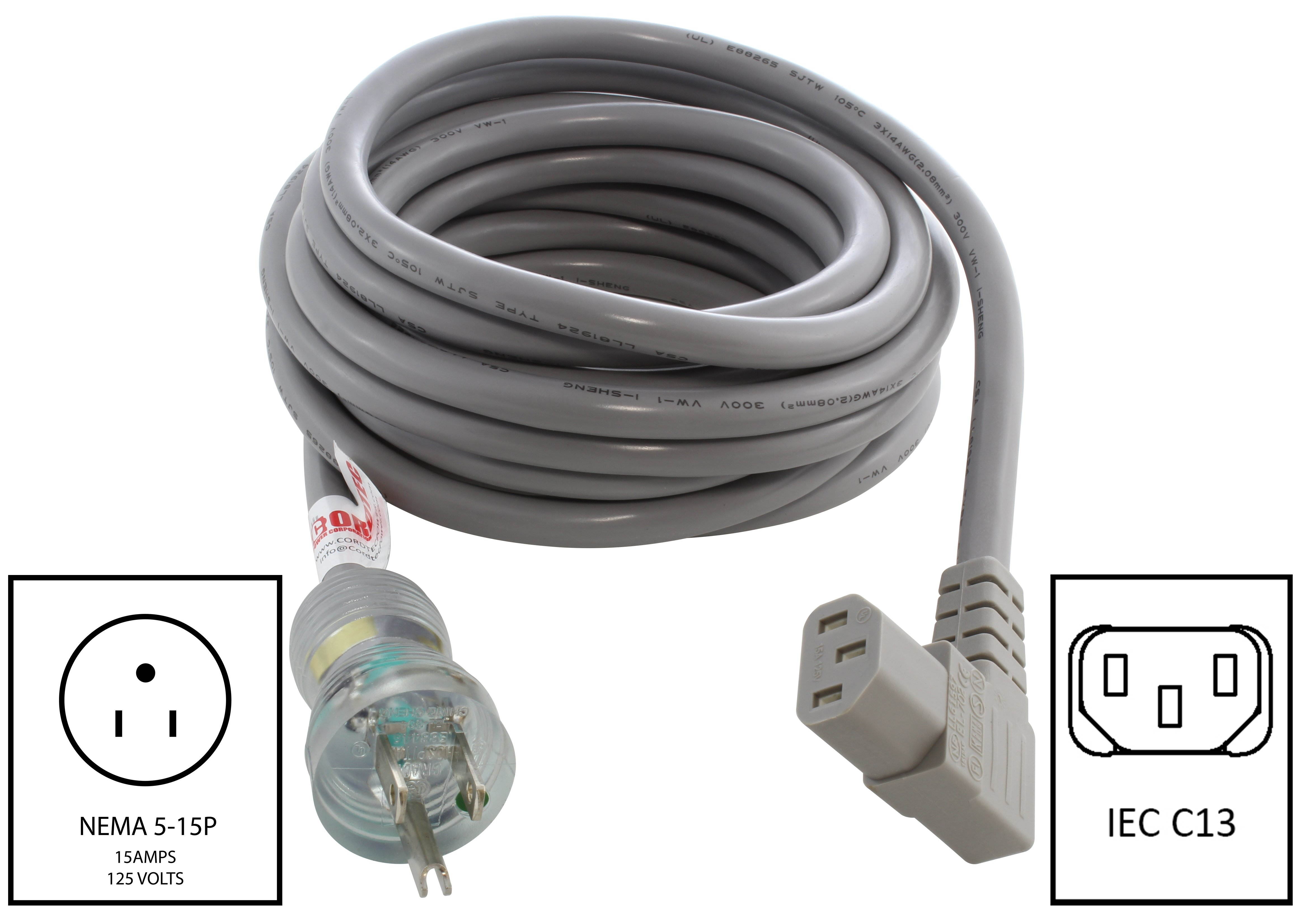 15ft 16/3 13A Medical Grade Power Cord With Right Angle IEC C13 Connector