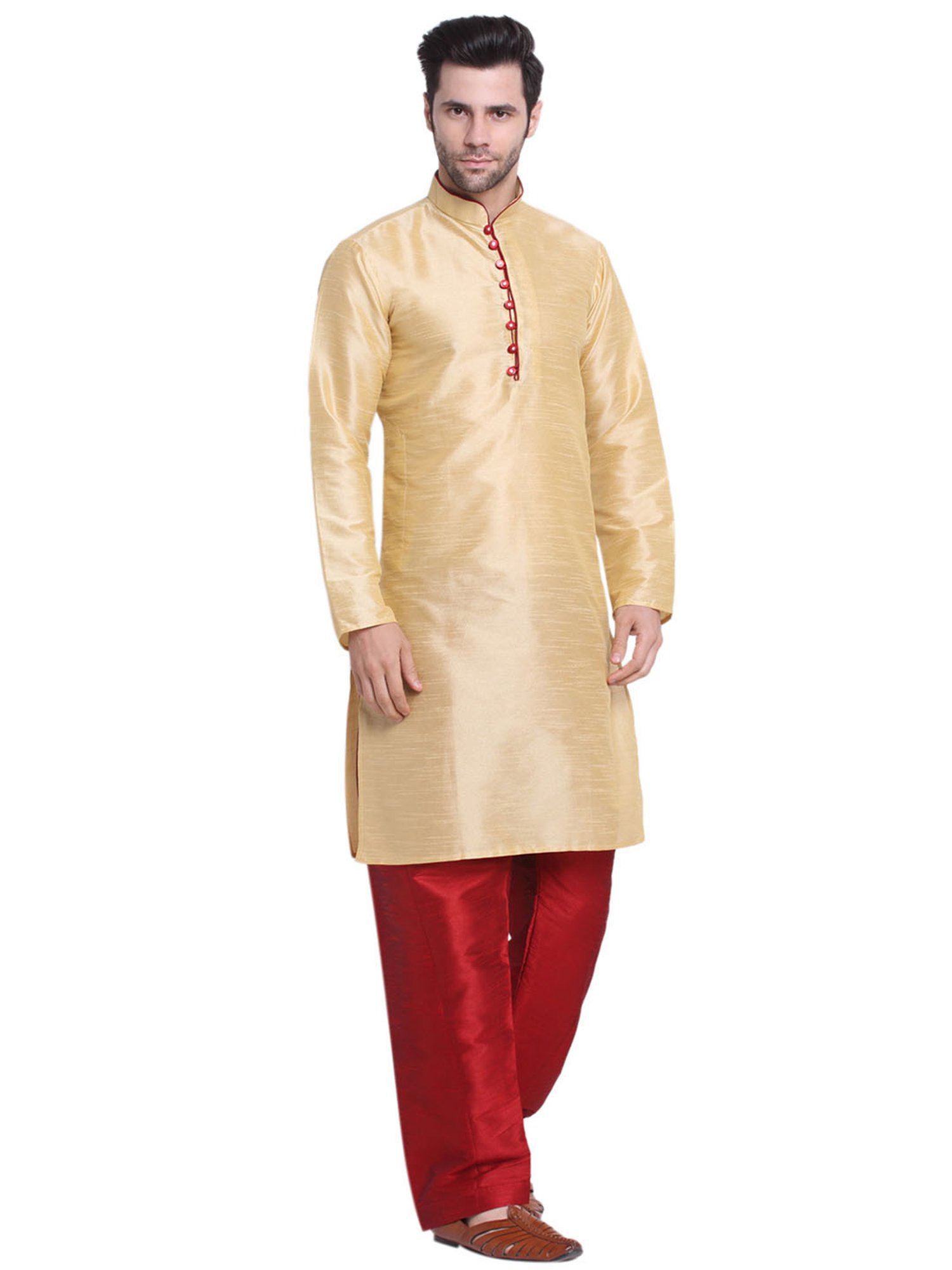 Benstoke Gold & Maroon Regular Fit Straight Kurta & Pyjamas Set