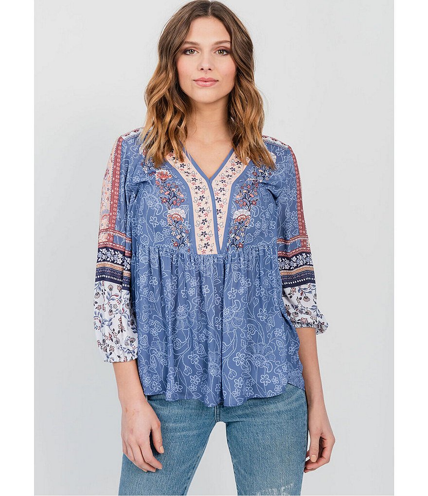 One World Apparel Mixed Floral Border Print Woven V-Neck 3/4 Sleeve Babydoll Top