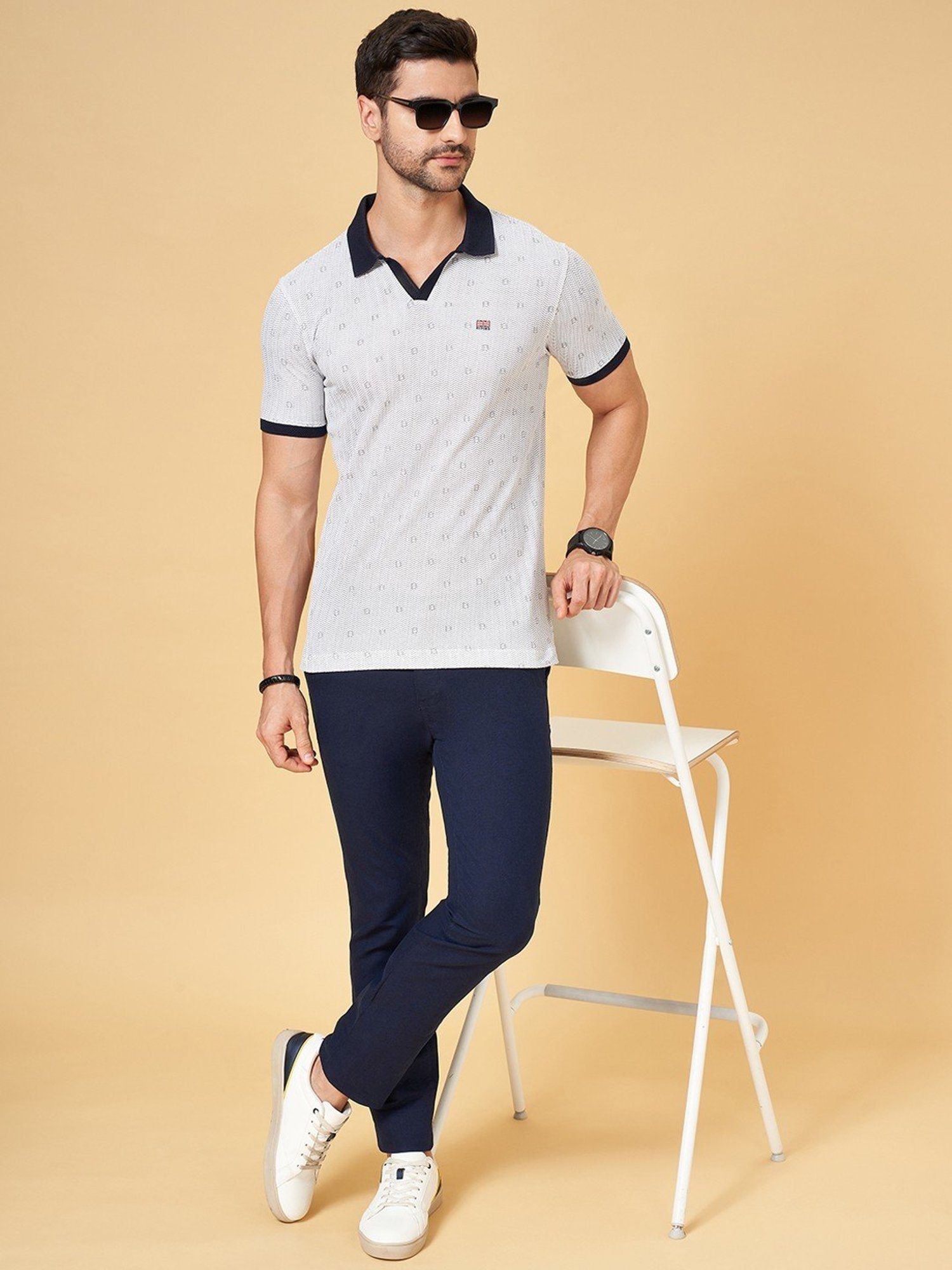 Byford By Pantaloons Navy Slim Fit Printed Polo T-Shirt