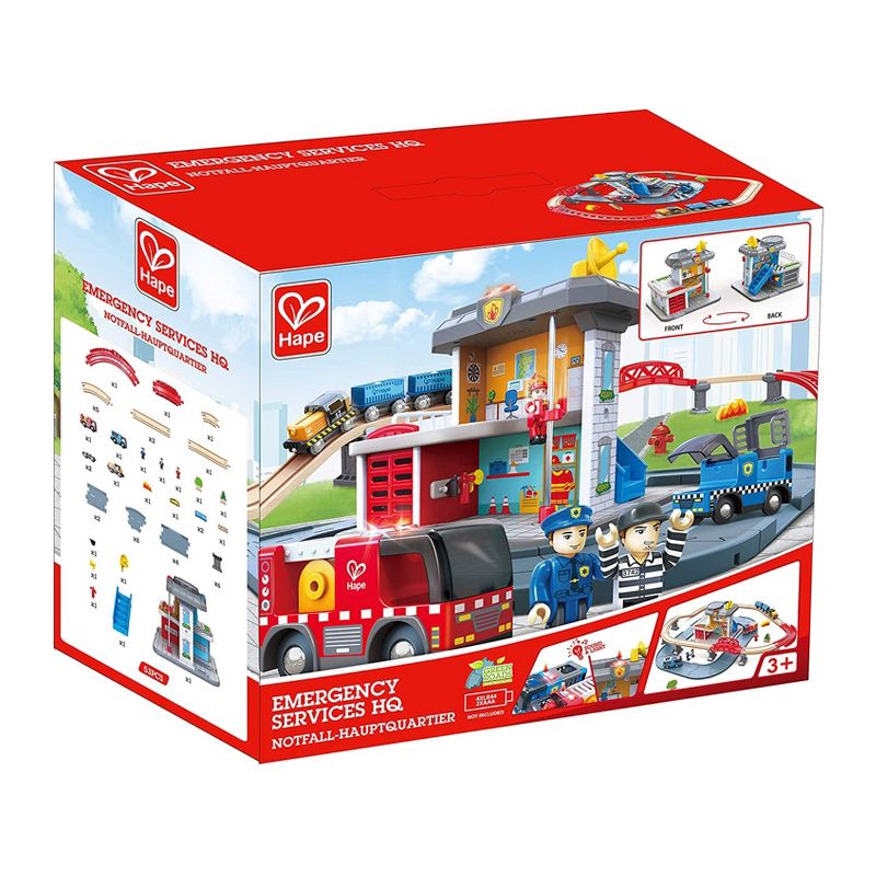Select marketplaces Hape Emergency Services HQ 2 In 1 Police and Fire Station Complete Play Toy Set with Vehicles and Action Figures