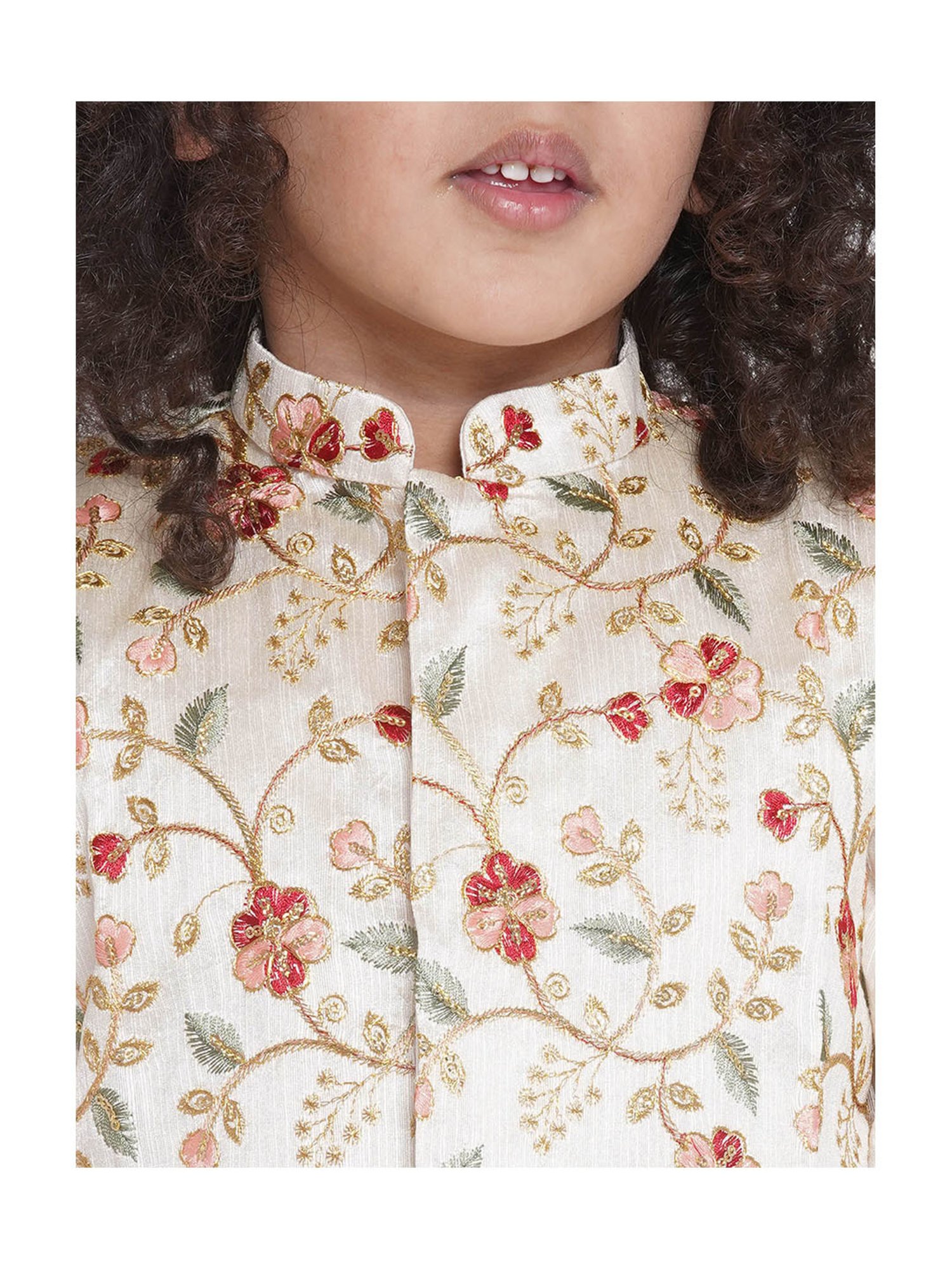 Little Bansi Kids Cream Embroidered Full Sleeves Kurta , Jacket with Dhoti