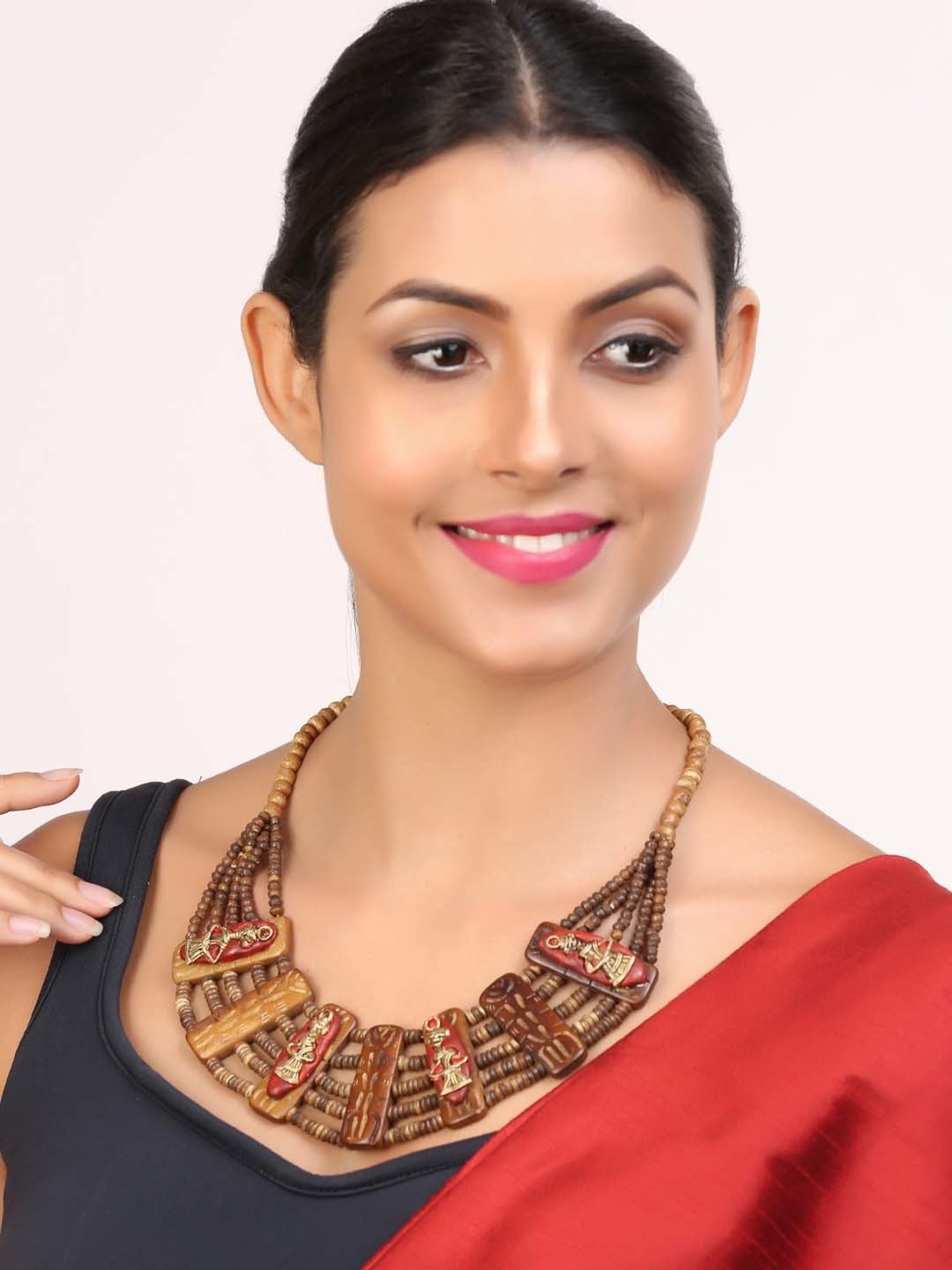 ExclusiveLane 'Tribal Men Carved' Brown & Maroon Brass Necklace Handcrafted in Dhokra Art