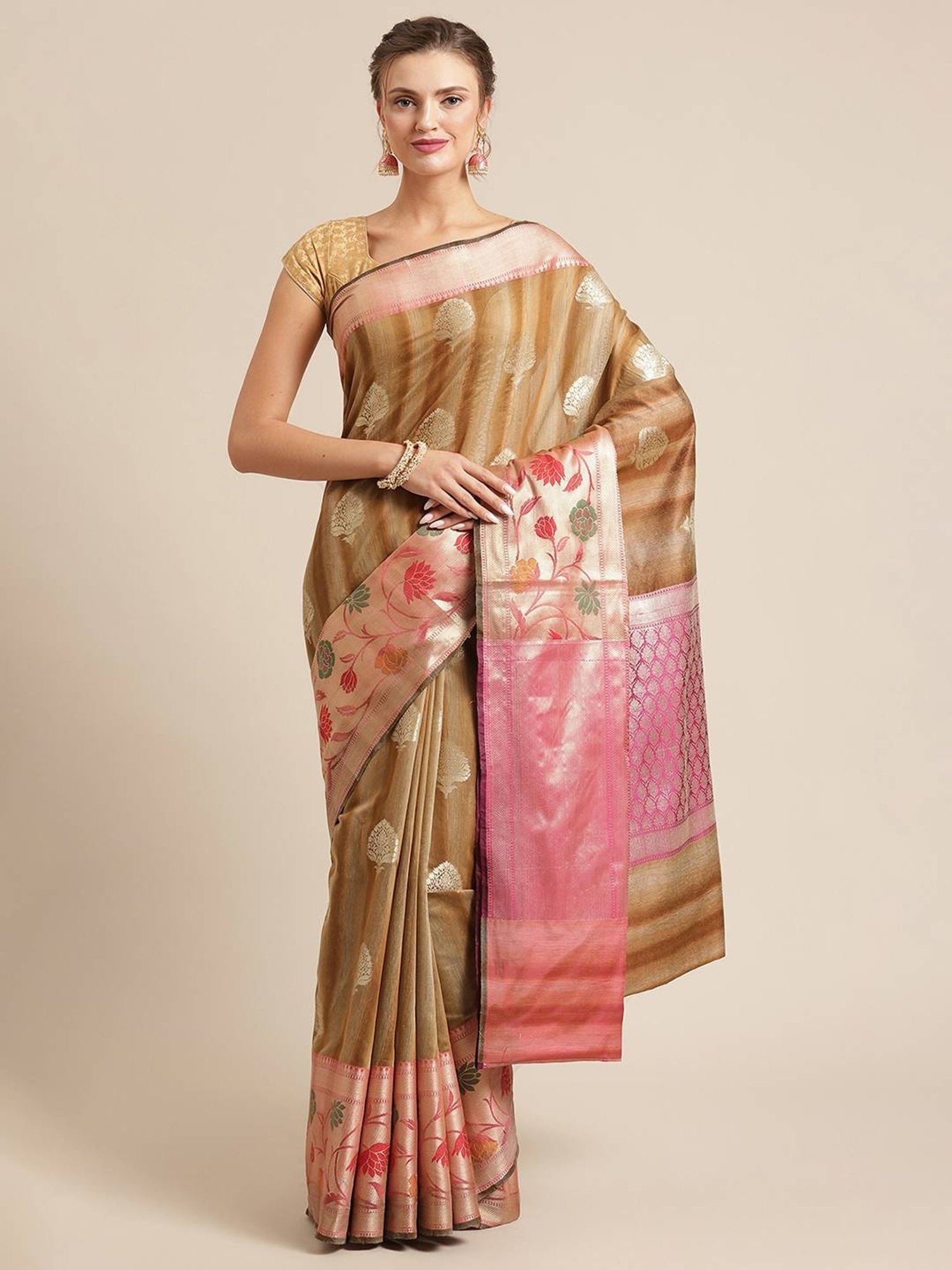 Banarasi Silk Works Brown Woven Saree with Blouse