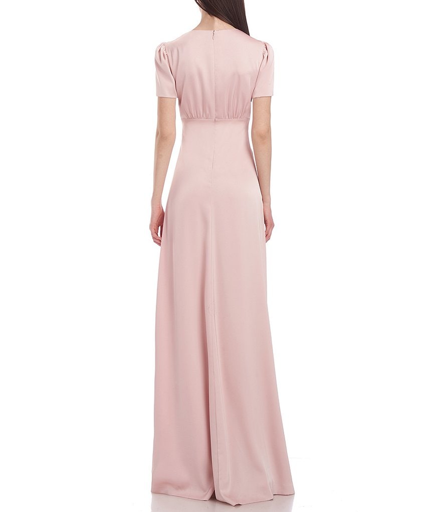 Kay Unger Quinn V-Neck Short Sleeve Side Ruched Charmeuse Gown