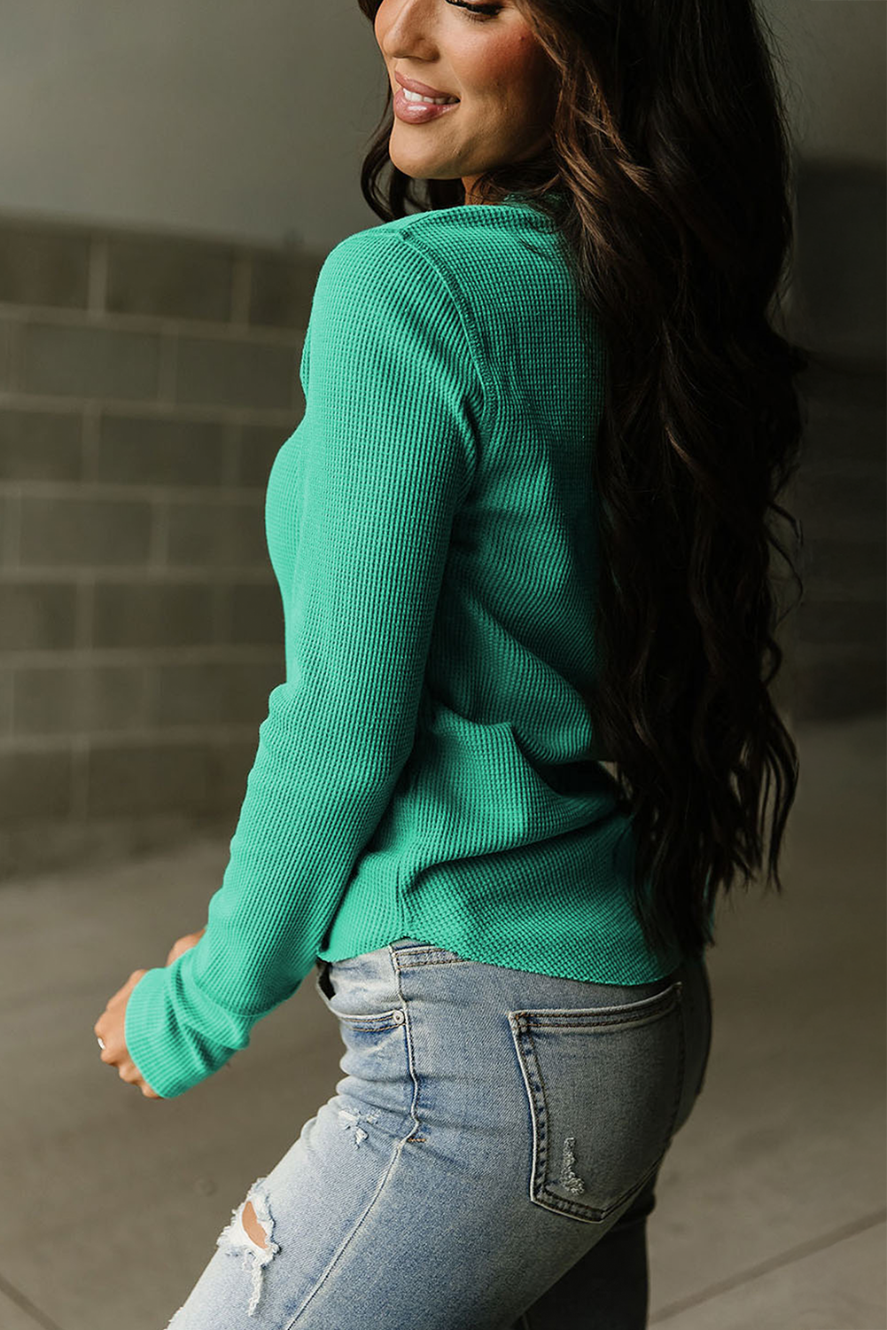 Green Christmas Candy Cane Patched Graphic Half Button Waffle Long Sleeve Top