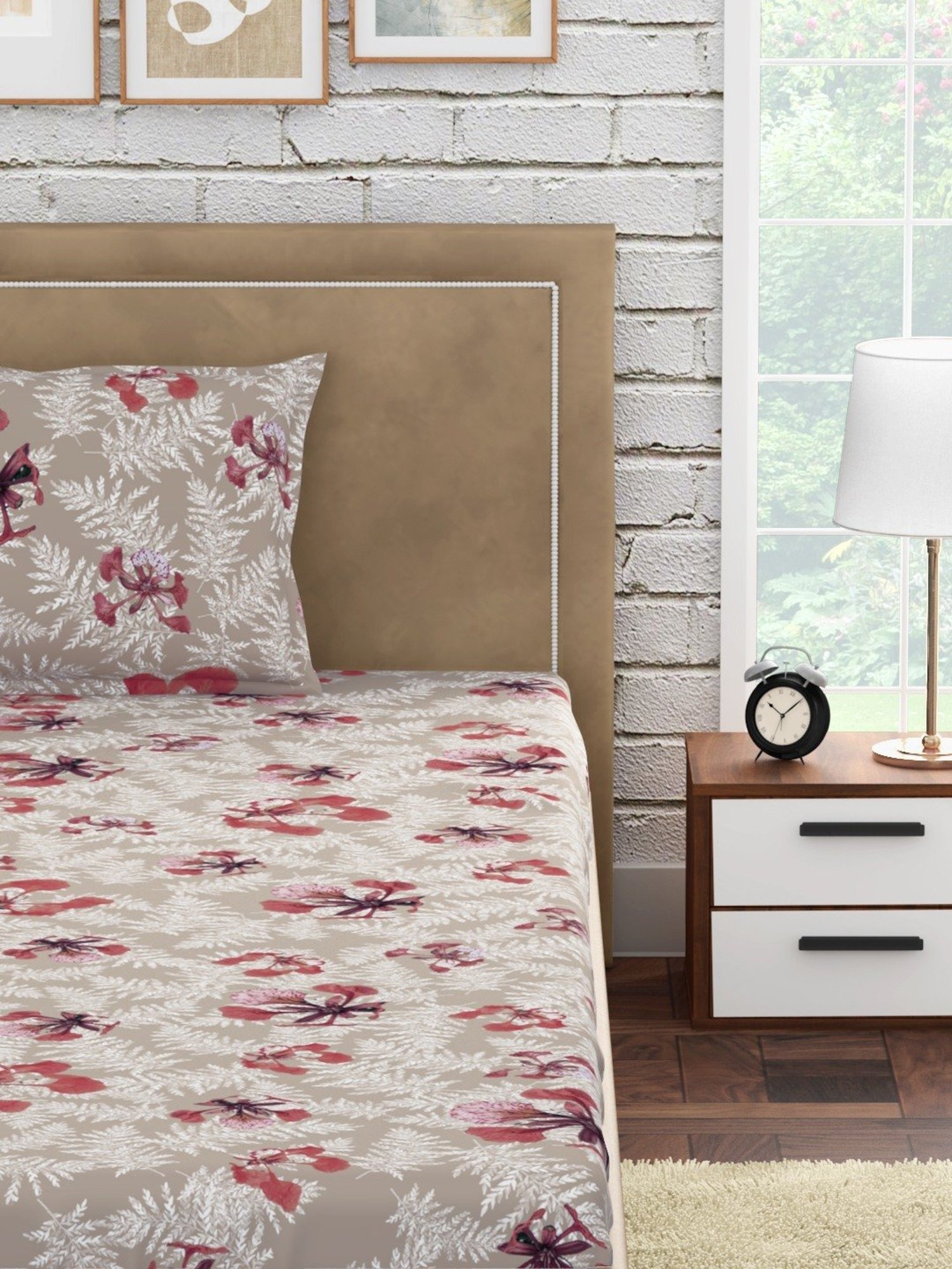 Petal Home Poinciana Floral Beige 300 TC Cotton Single Bed Sheet with 1 Pillow Cover