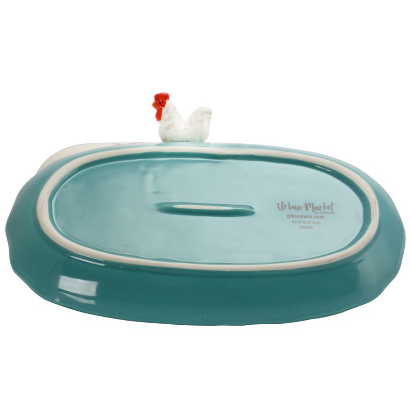 Gibson Urban Market Life on the Farm 8.75 Inch Ceramic Figural Rooster Butter Dish in Teal and Floral