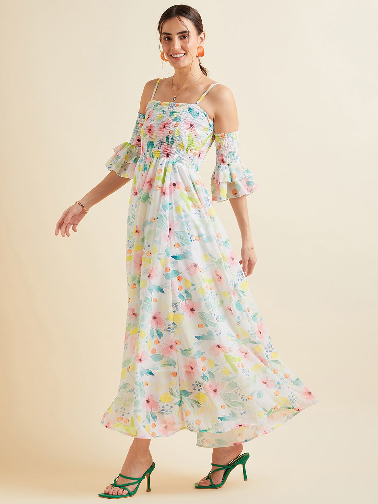 Saffron Threads Black Cotton Floral Print Ethnic Dress