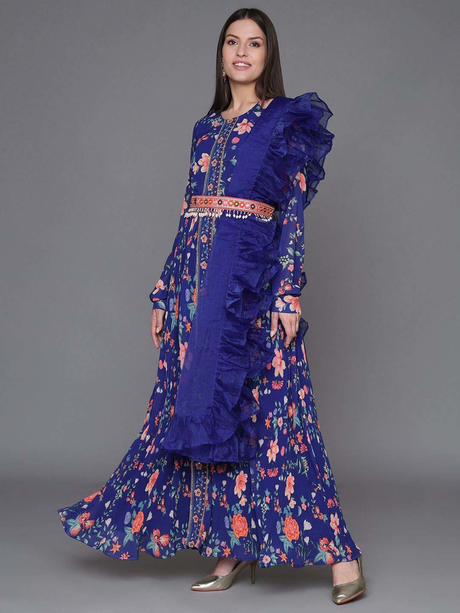 Heeposh Blue Printed Dress With Dupatta & Belt