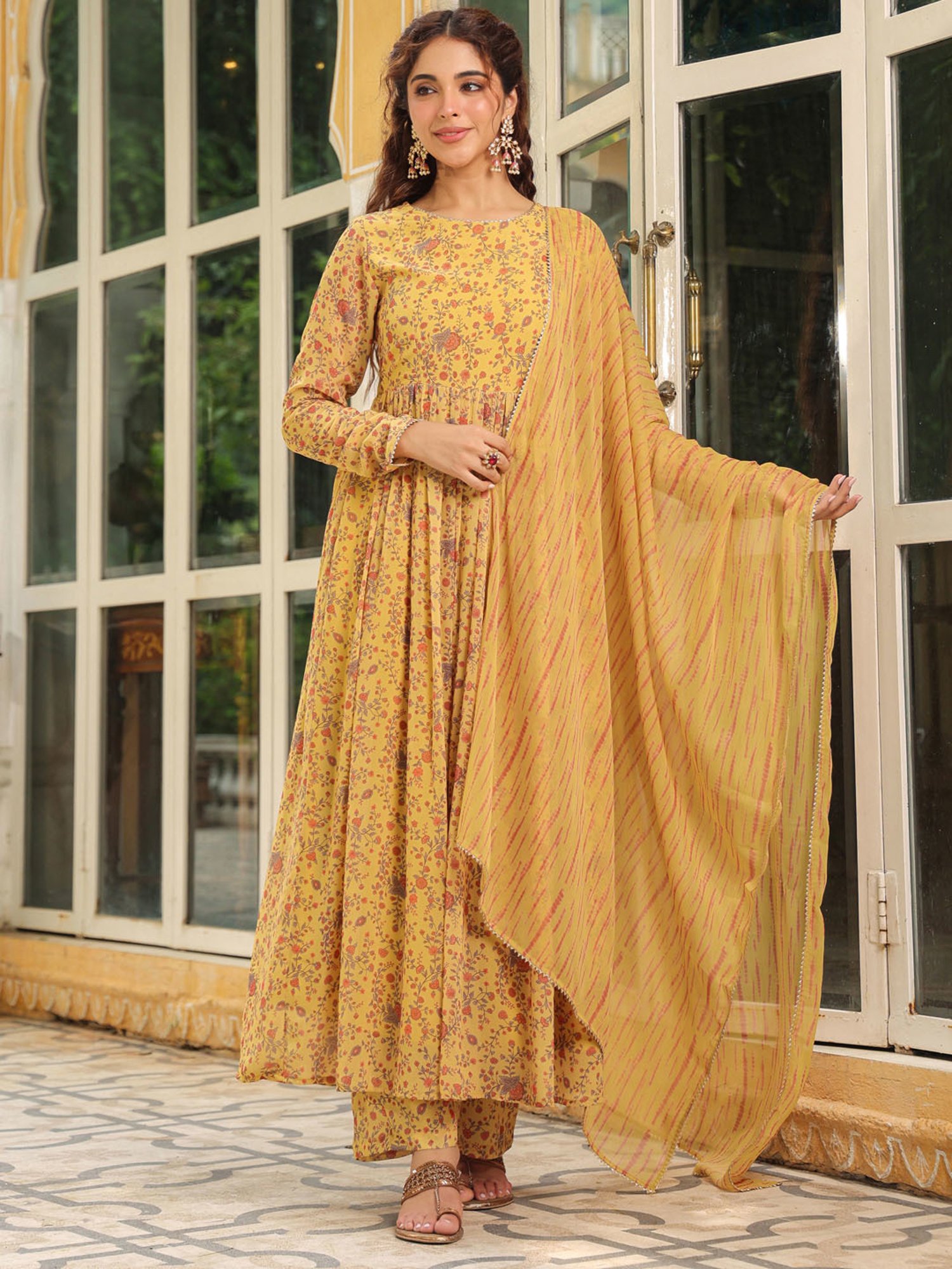 Janasya Mustard Georgette Printed Kurta With Pant & Dupatta