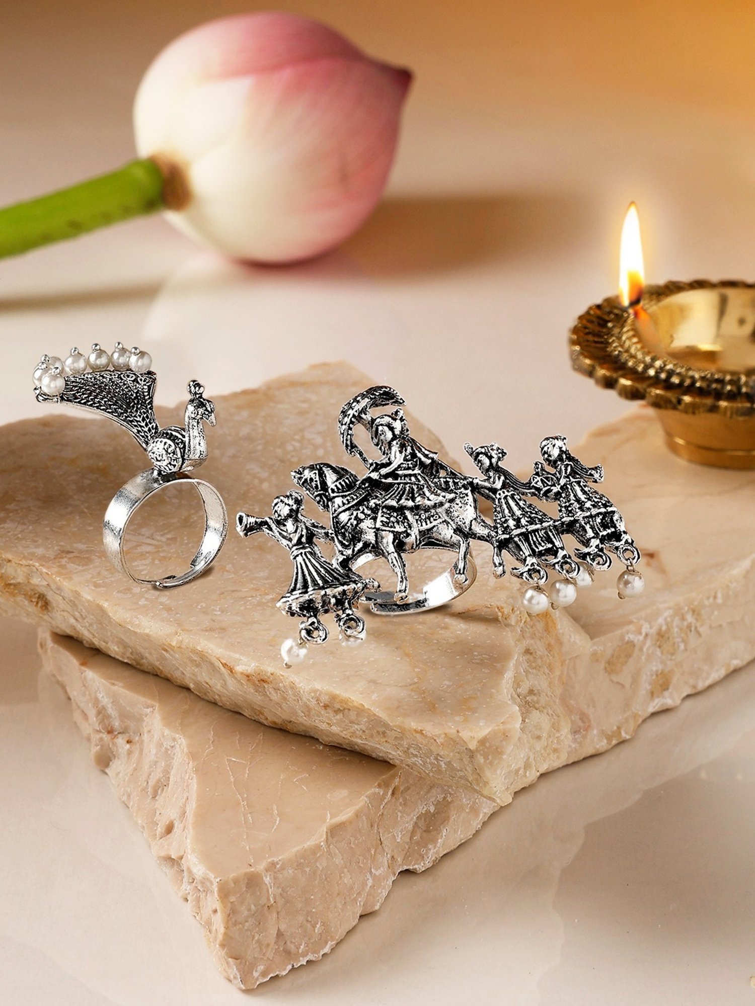 Zaveri Pearls Set of 2 Barat & Peacock Design Antique Oxidized Adjustable Finger Ring-ZPFK16854