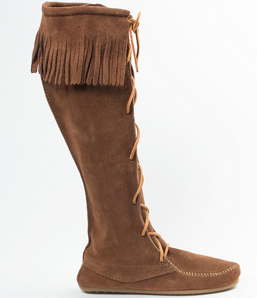 Minnetonka Women's Hardsole Suede Fringe Lace Up Boots