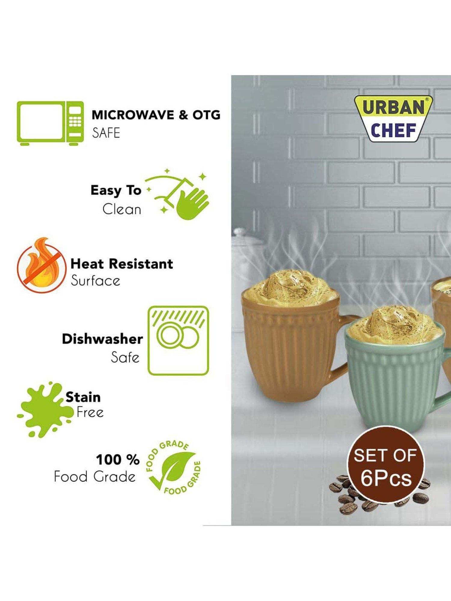 Urban Chef Brown & Green Ceramic Handcrafted Microwave Safe Tea Cup - Set of 6