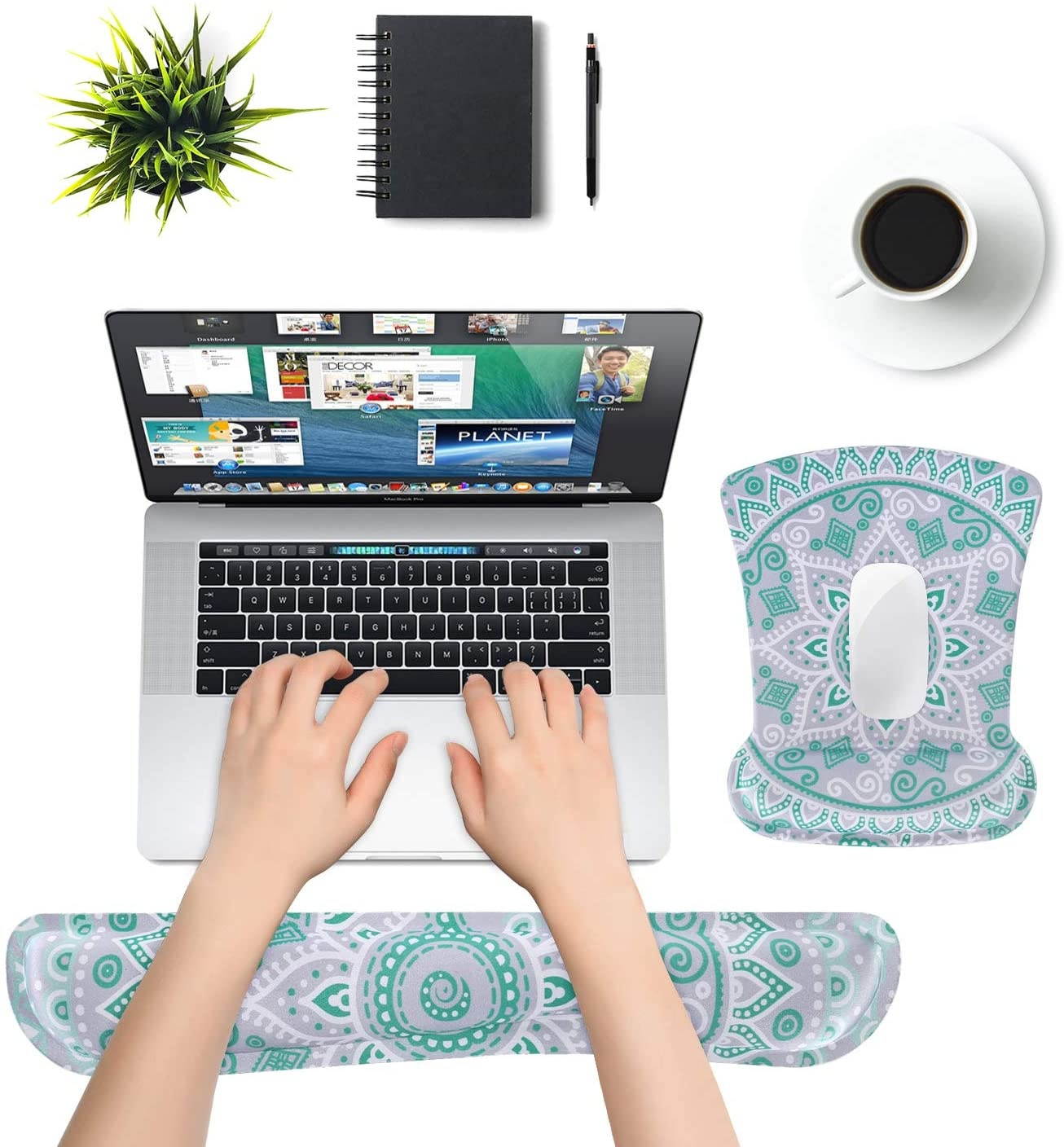 MOSISO Wrist Rest Support for Mouse Pad & Keyboard Set, Ergonomic Mousepad Non-Slip Rubber Base Home/Office Pain Relief & Easy Typing Cushion with Neoprene Cloth & Raised Memory Foam, Mint Mandala