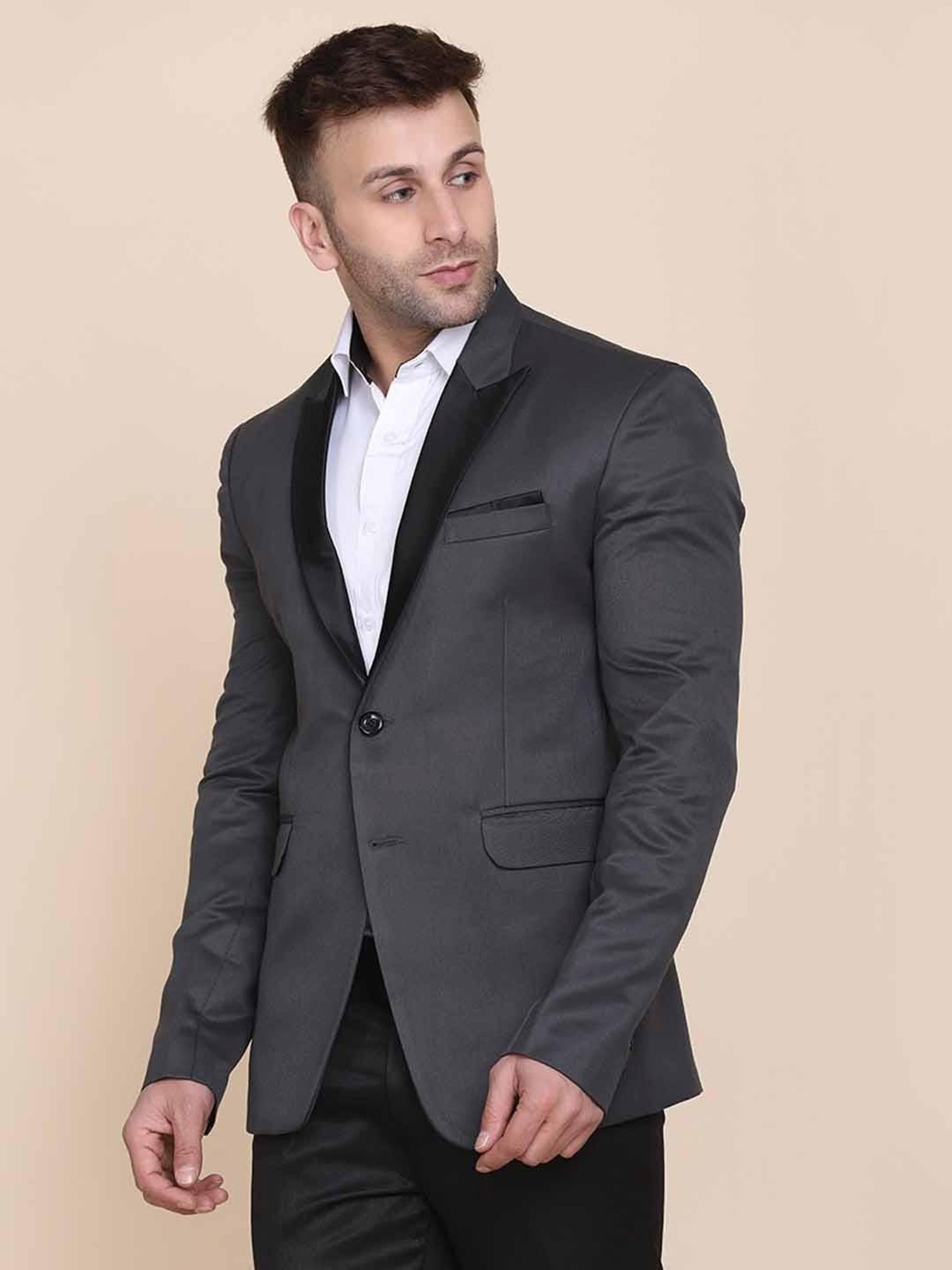 TAHVO Grey Cotton Slim Fit Blazer