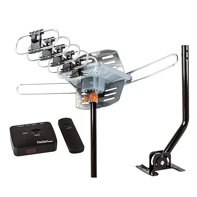 Outdoor HD TV Antenna Strongest Up to 150 Miles Long Range with Motorized 360 Degree Rotation, UHF/VHF/FM Radio Infrared Remote Control with Mounting Pole & 40FT RG6 Coax Cable Support 2 TVs