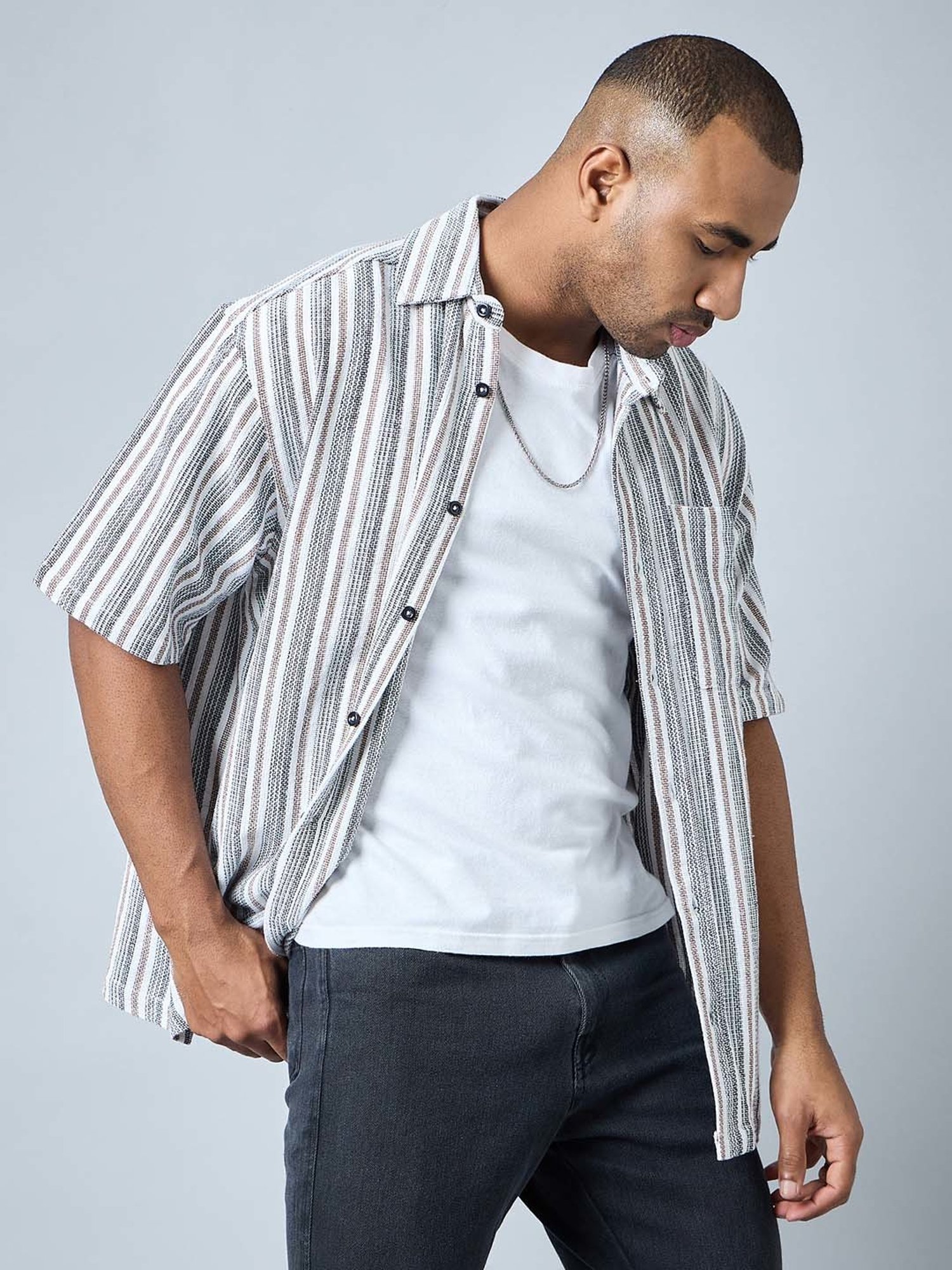 CHIMPAAANZEE White & Brown Loose Fit Striped Oversized Shirt