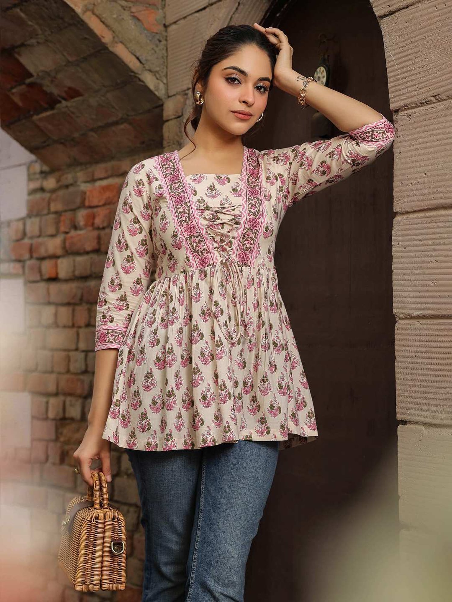 Rain and Rainbow Cream & Pink Cotton Floral Print Top