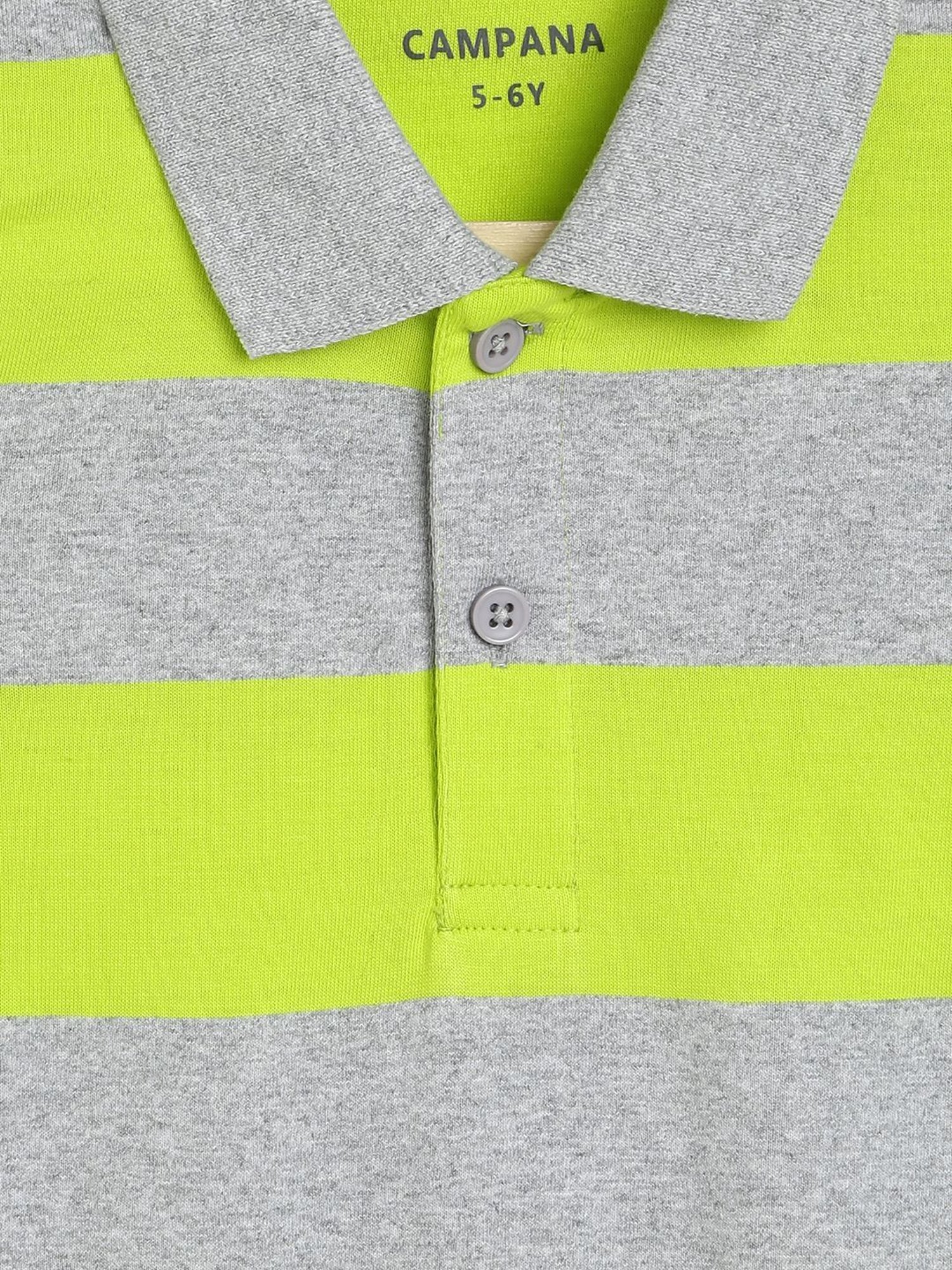 Campana Kids Lime Green & Grey Cotton Striped Polo T-Shirt
