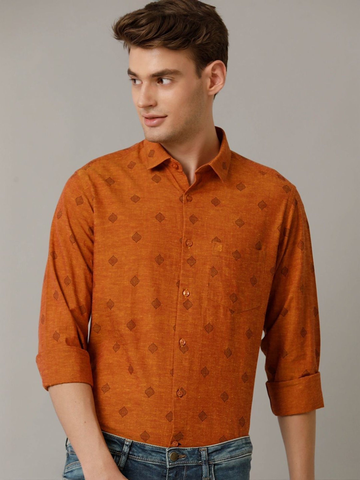 Cavallo By Linen Club Orange Linen Contemporary Fit Printed Shirt