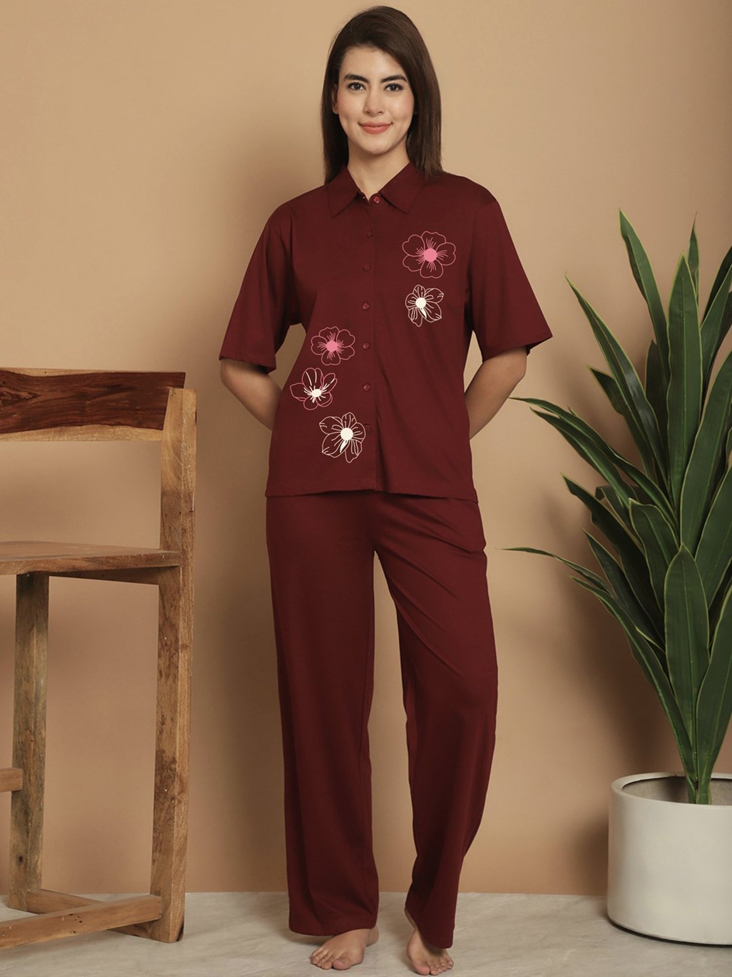 Kanvin Red Cotton Printed Shirt Pyjamas Set