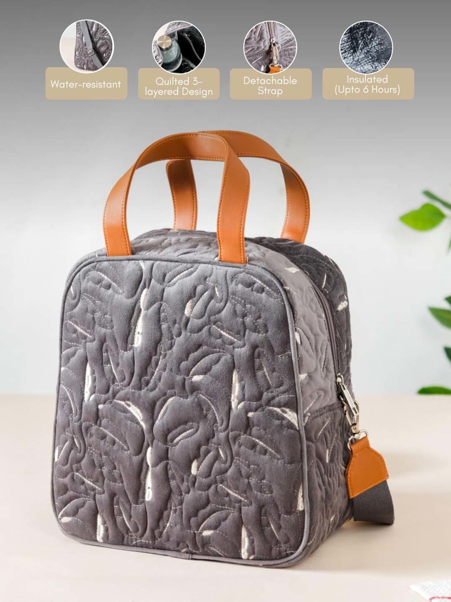 Nestasia High-Quality Insulated Velvet Grey Lunch Bag With Adjustable Shoulder Strap & Handles