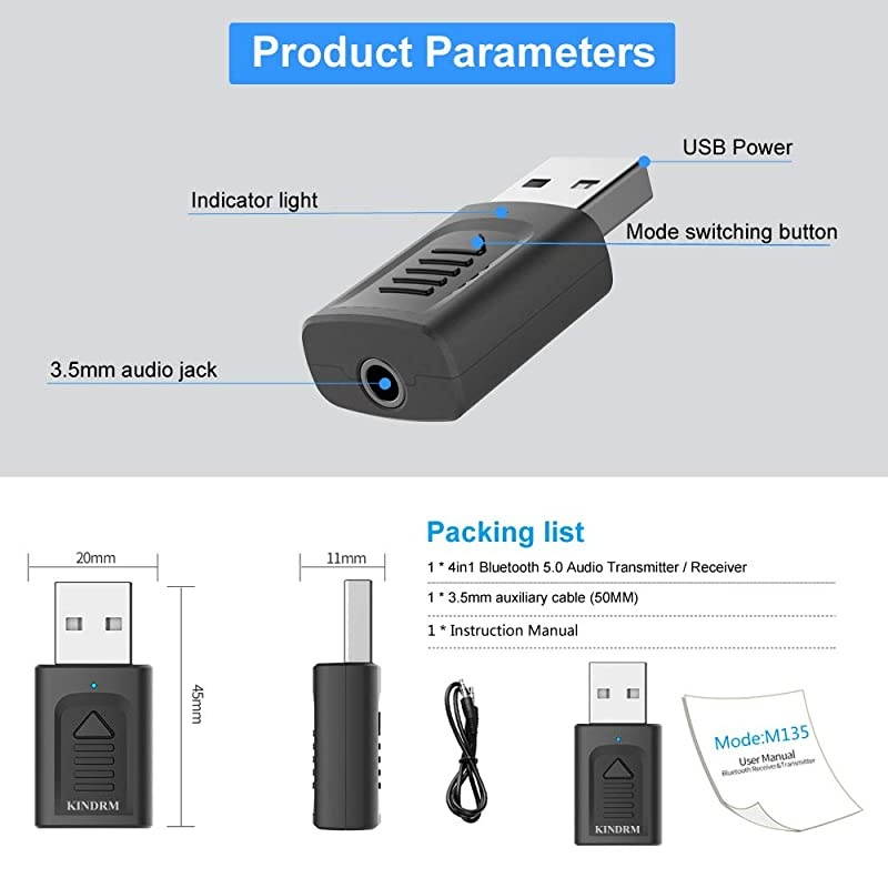 Bluetooth Receiver Transmitter  4in1 Mini USB Bluetooth 50 Audio Transmitter amp Wireless Bluetooth 35mm Aux Adapter Receiver for CarHome Stereo Headphones Speakers TV PC Projector CD Black