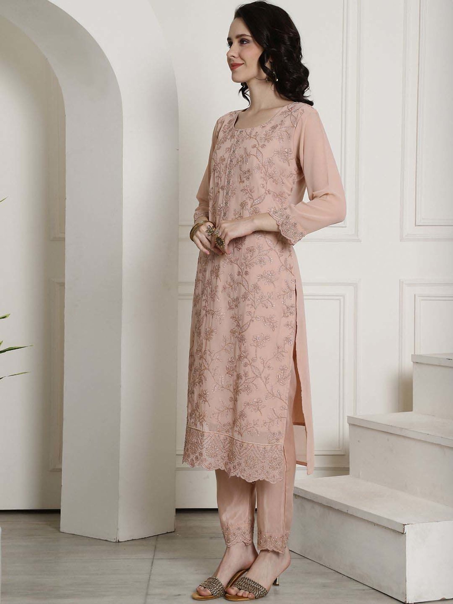 Stylee LIFESTYLE Peach Embroidered Unstitched Dress Material
