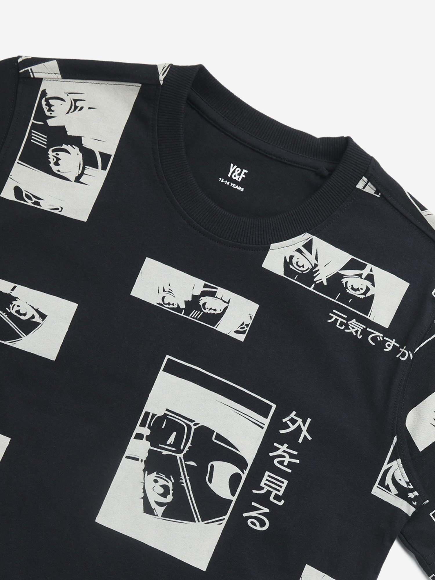 Y&F Kids by Westside Black Anime Printed Cotton T-Shirt