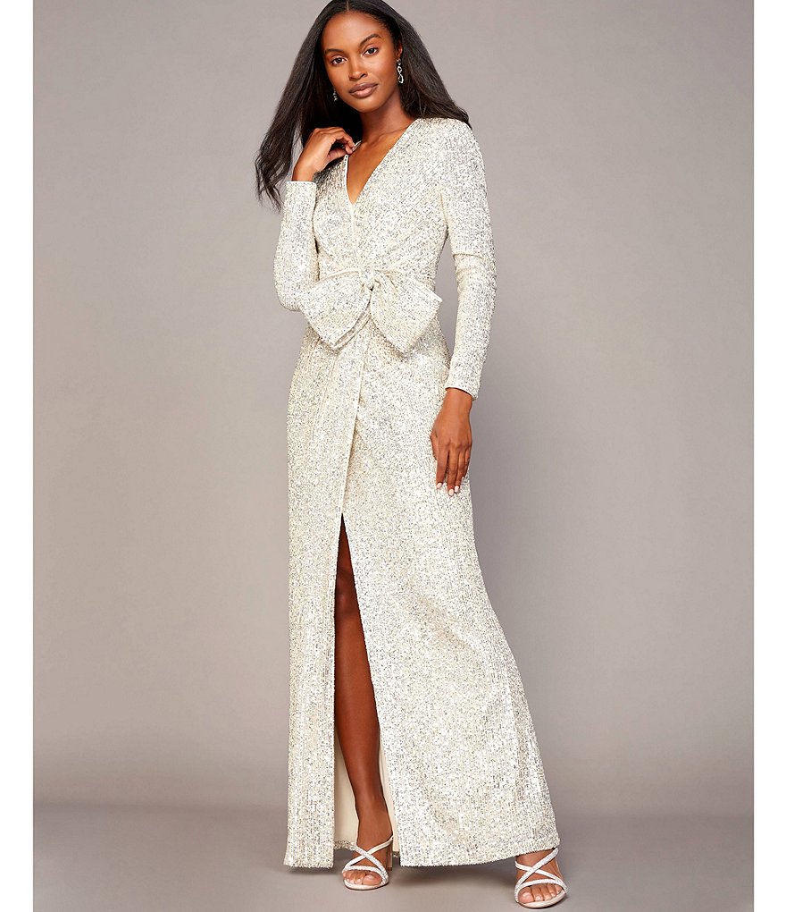 Eliza J Sequined Long Sleeve V-Neck Mesh Bow Waist Gown