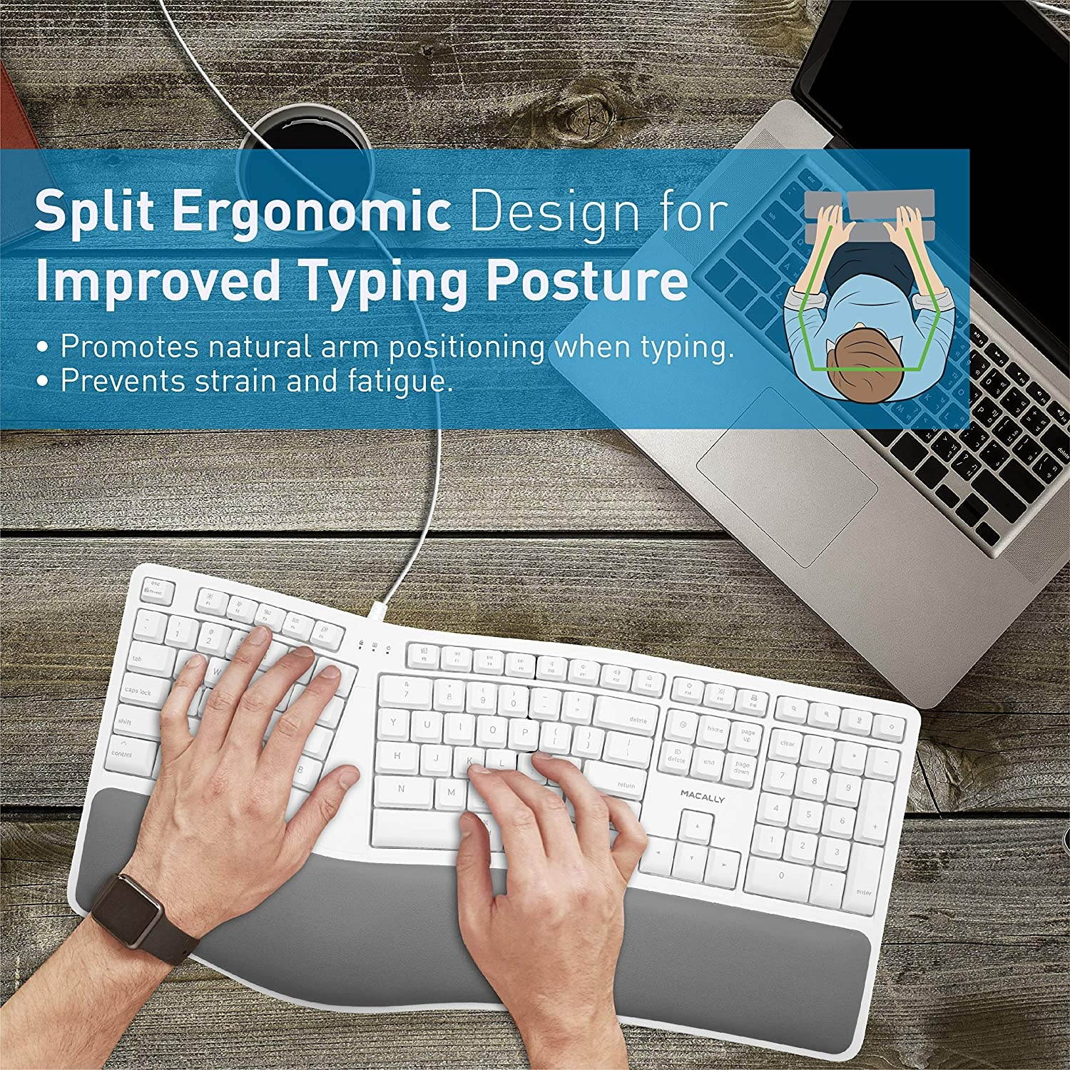 Macally Mac Wired Keyboard with Wrist Rest - Natural and Comfortable Typing - Split Ergonomic Keyboard for Mac with 110 Keys, 21 OSX Shortcuts, and 5ft USB-A Cable - Mac USB Keyboard Ergonomic Design