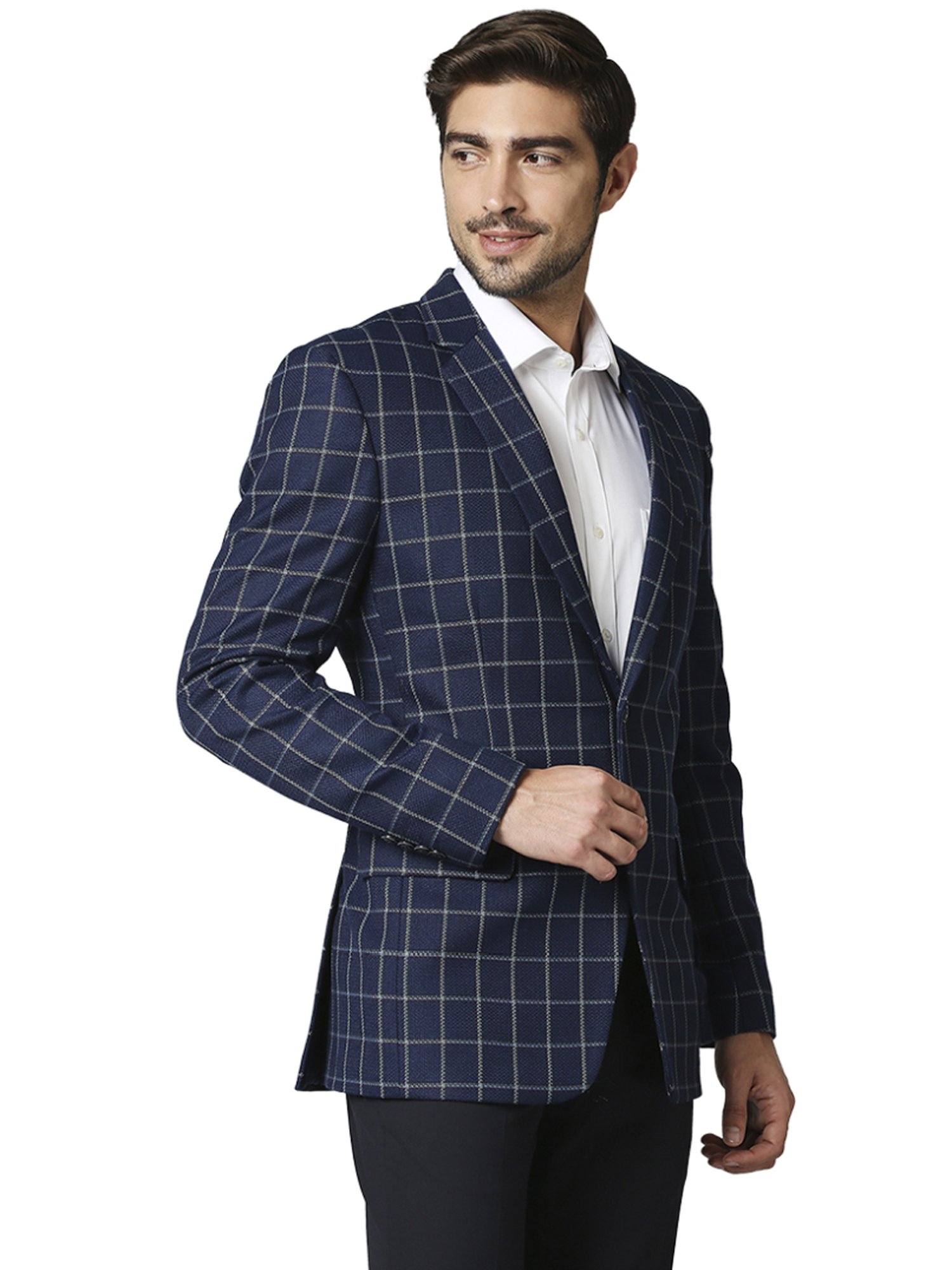 Raymond Navy  Regular Fit Checks Blazer