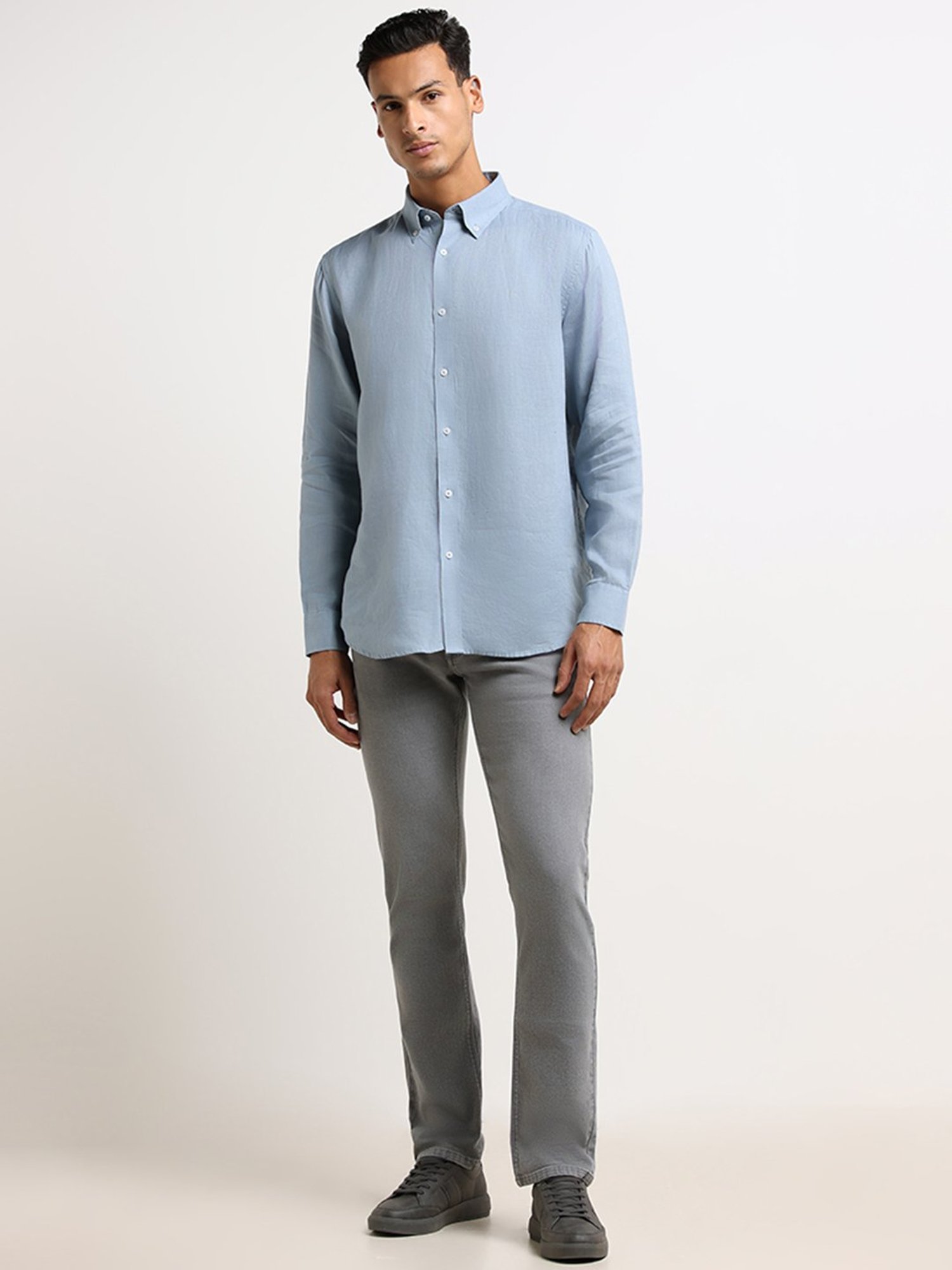 Ascot by Westside Blue Linen Blend Relaxed Fit Shirt