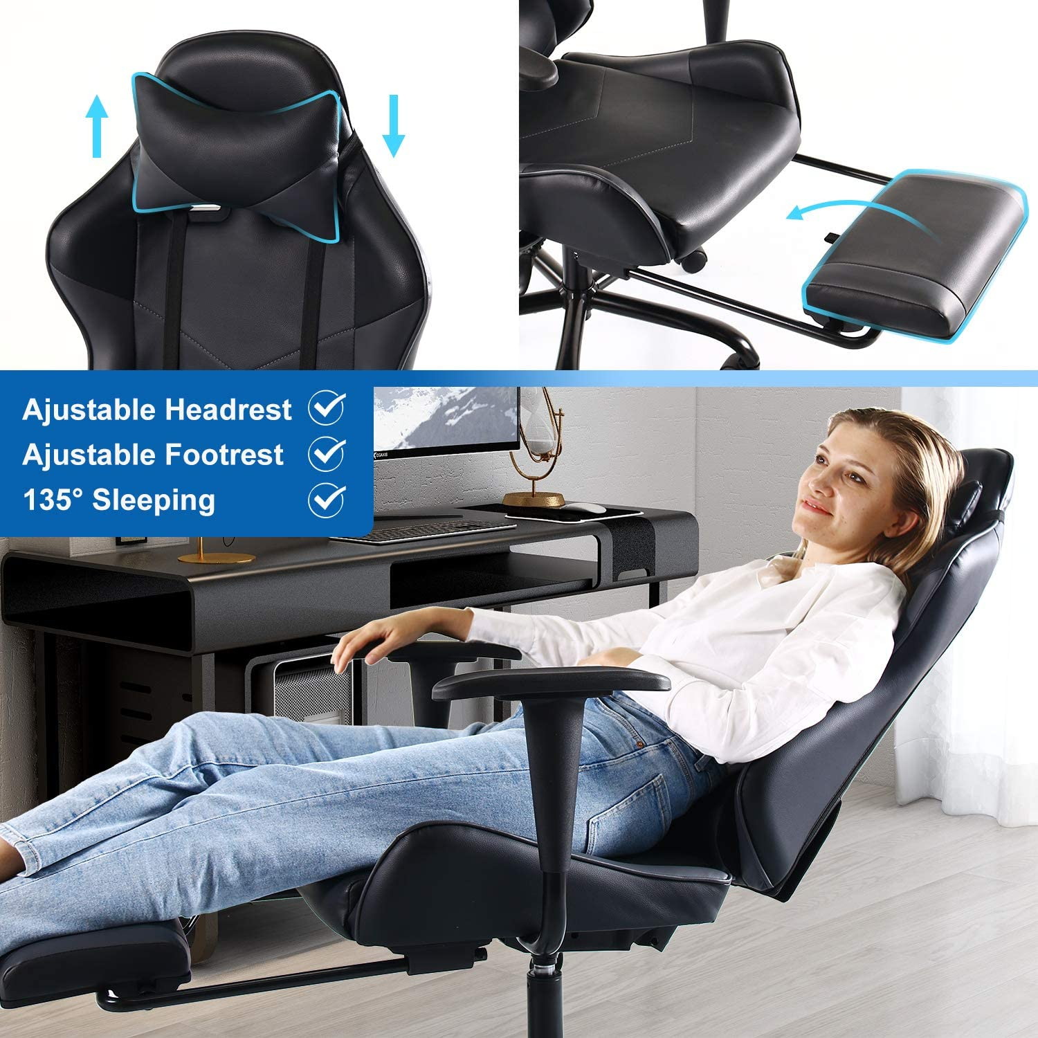 SMUGDESK Gaming Chair with Footrest Racing Style Recliner with Lumbar Support, Ergonomic Office Armchair for Computer PU Leather High Back Desk Chair Headrest Swivel Rocking Desk Chair, Blue